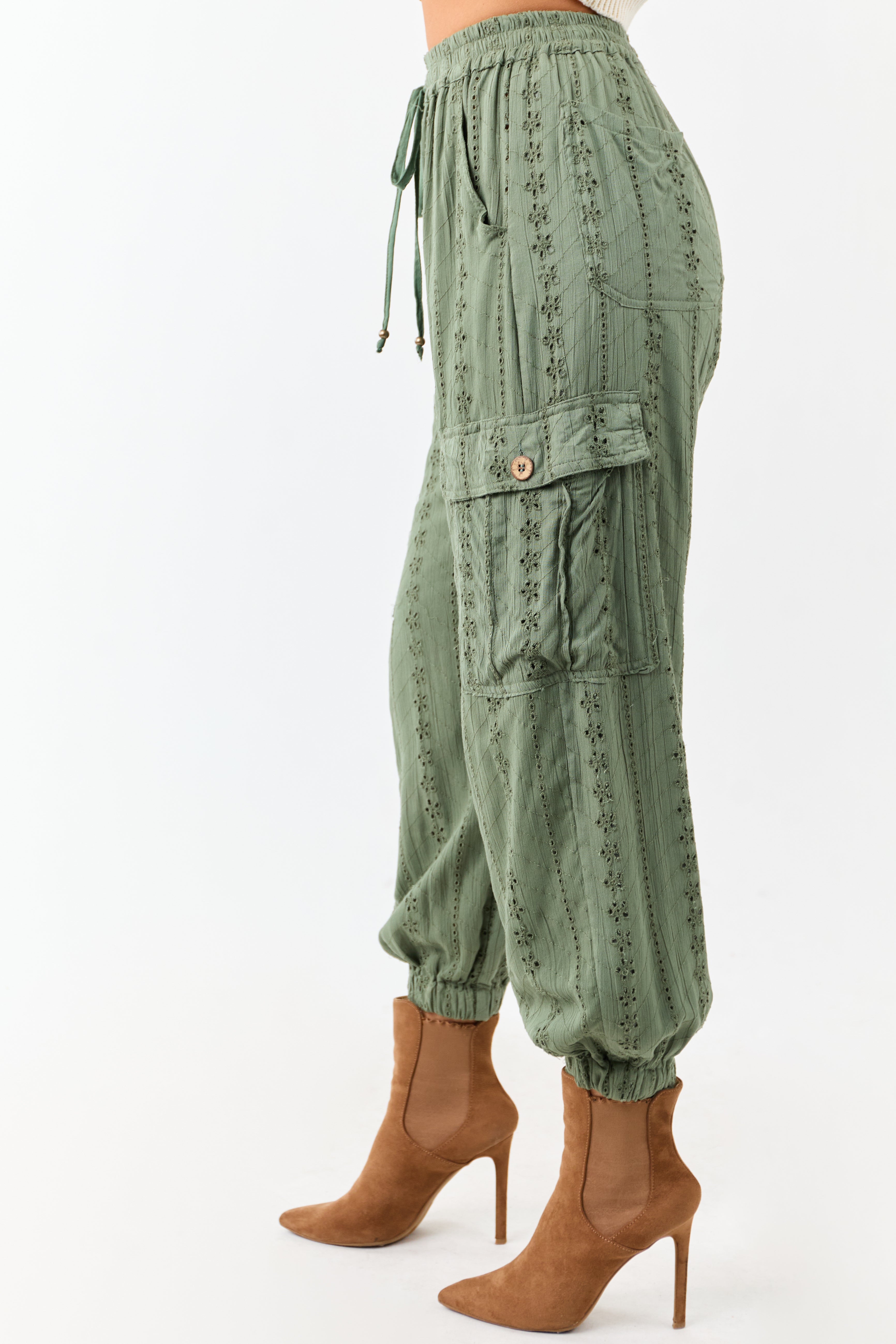 Olive Eyelet Lace Drawstring Cargo Jogger Pants
