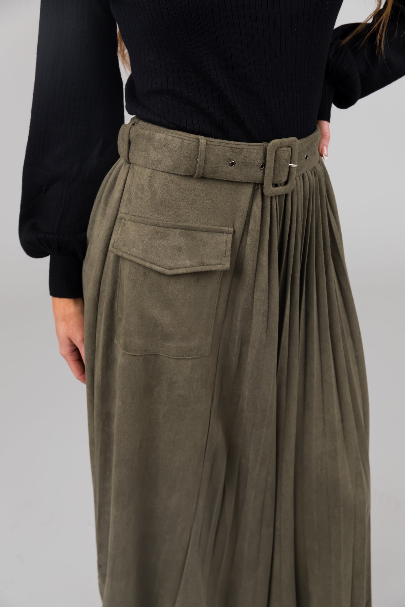 Olive Faux Suede Pleated Midi Skirt with Belt
