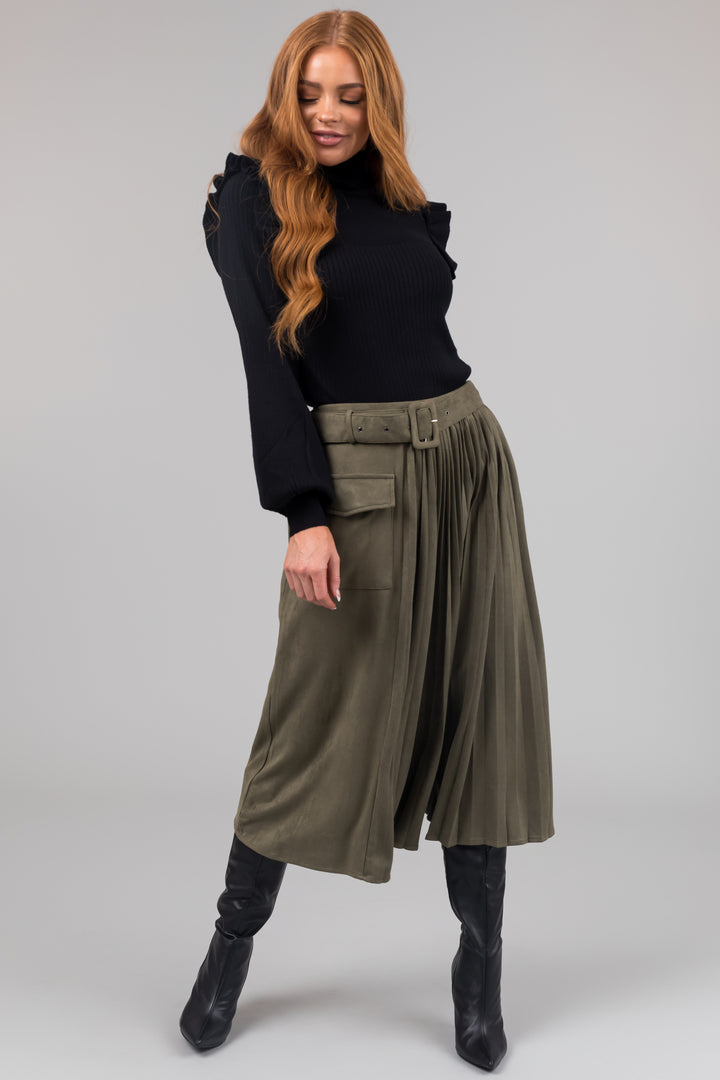 Olive Faux Suede Pleated Midi Skirt with Belt