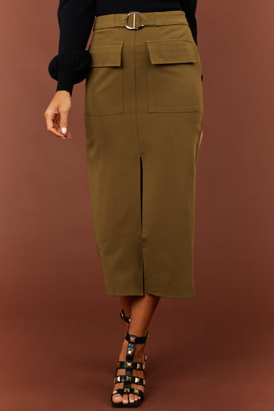 Olive Flap Pocket Belted Slit Midi Skirt