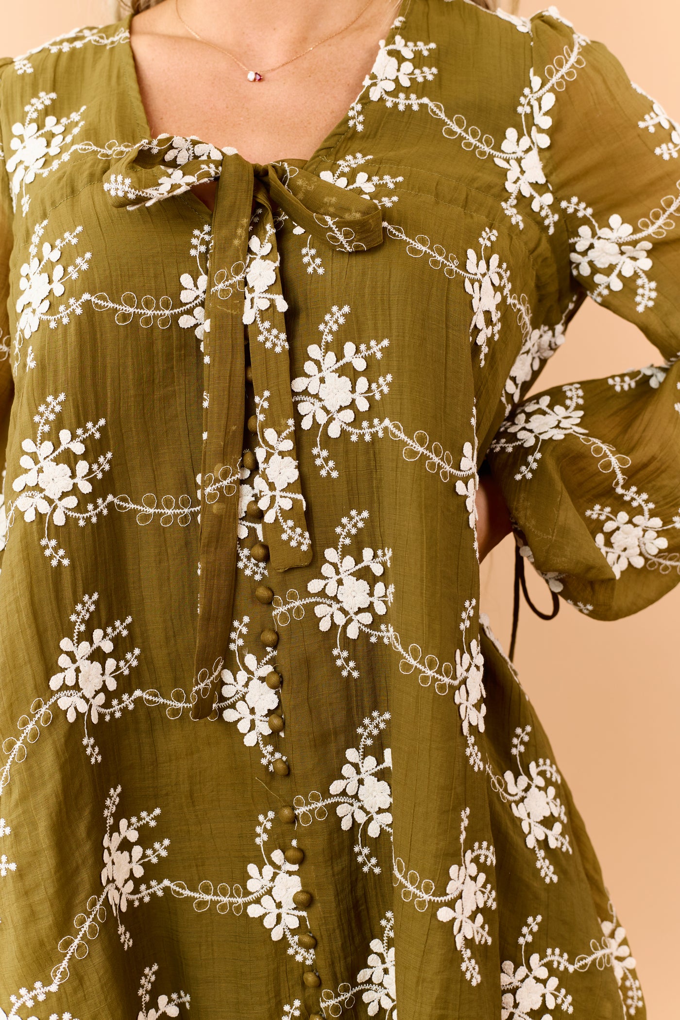 Olive Floral Applique Embroidered Flowy Mini Dress