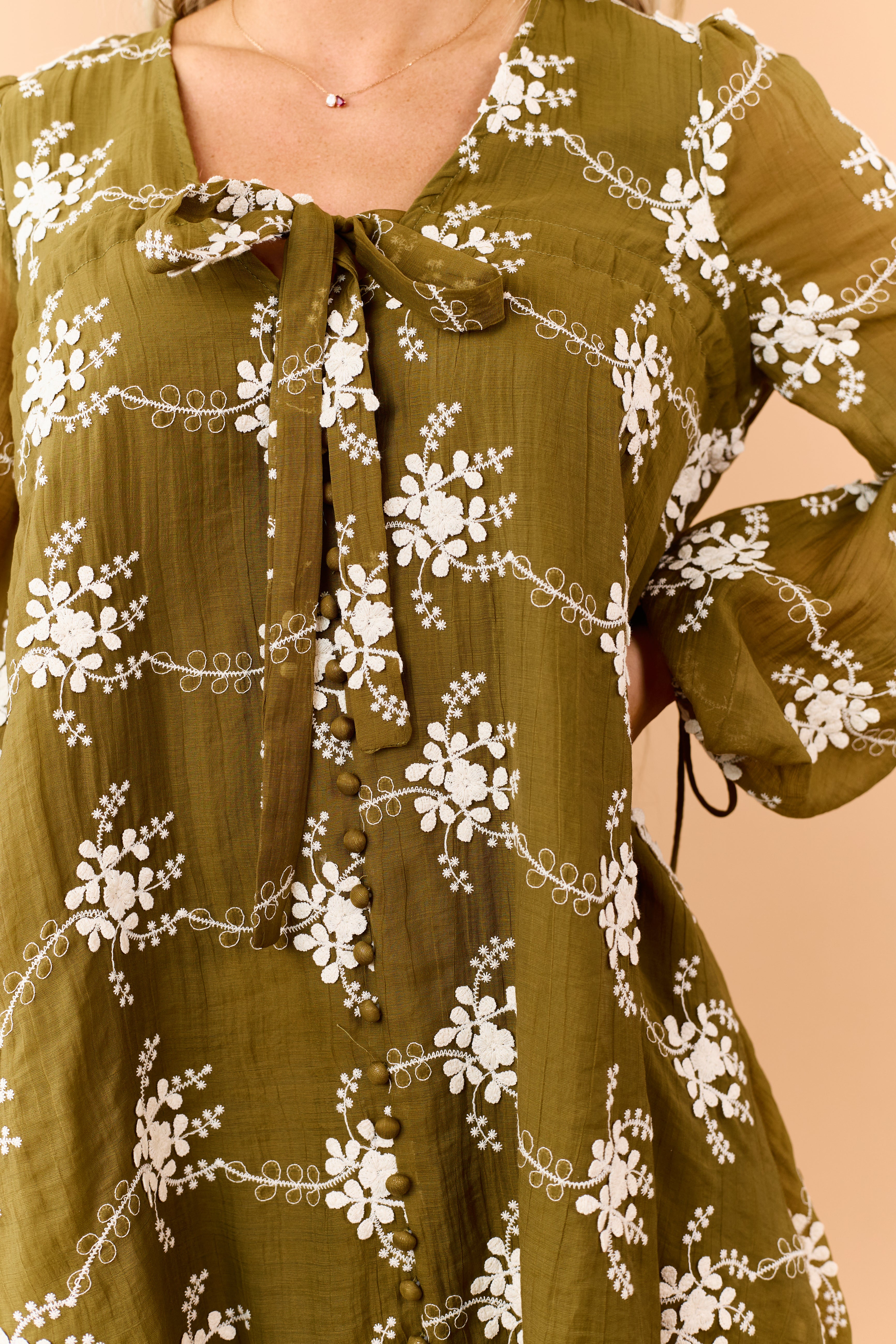 Olive Floral Applique Embroidered Flowy Mini Dress