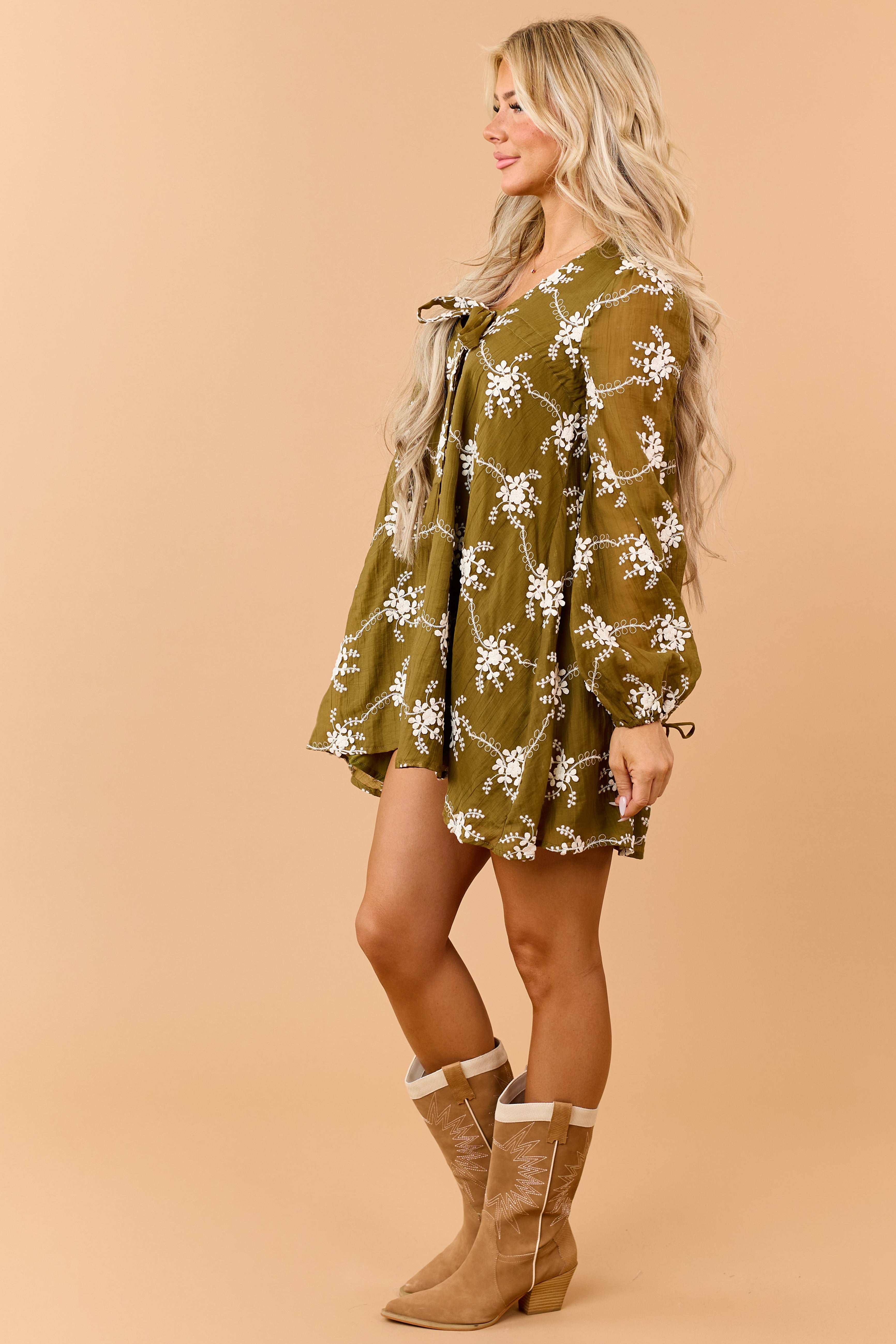 Olive Floral Applique Embroidered Flowy Mini Dress