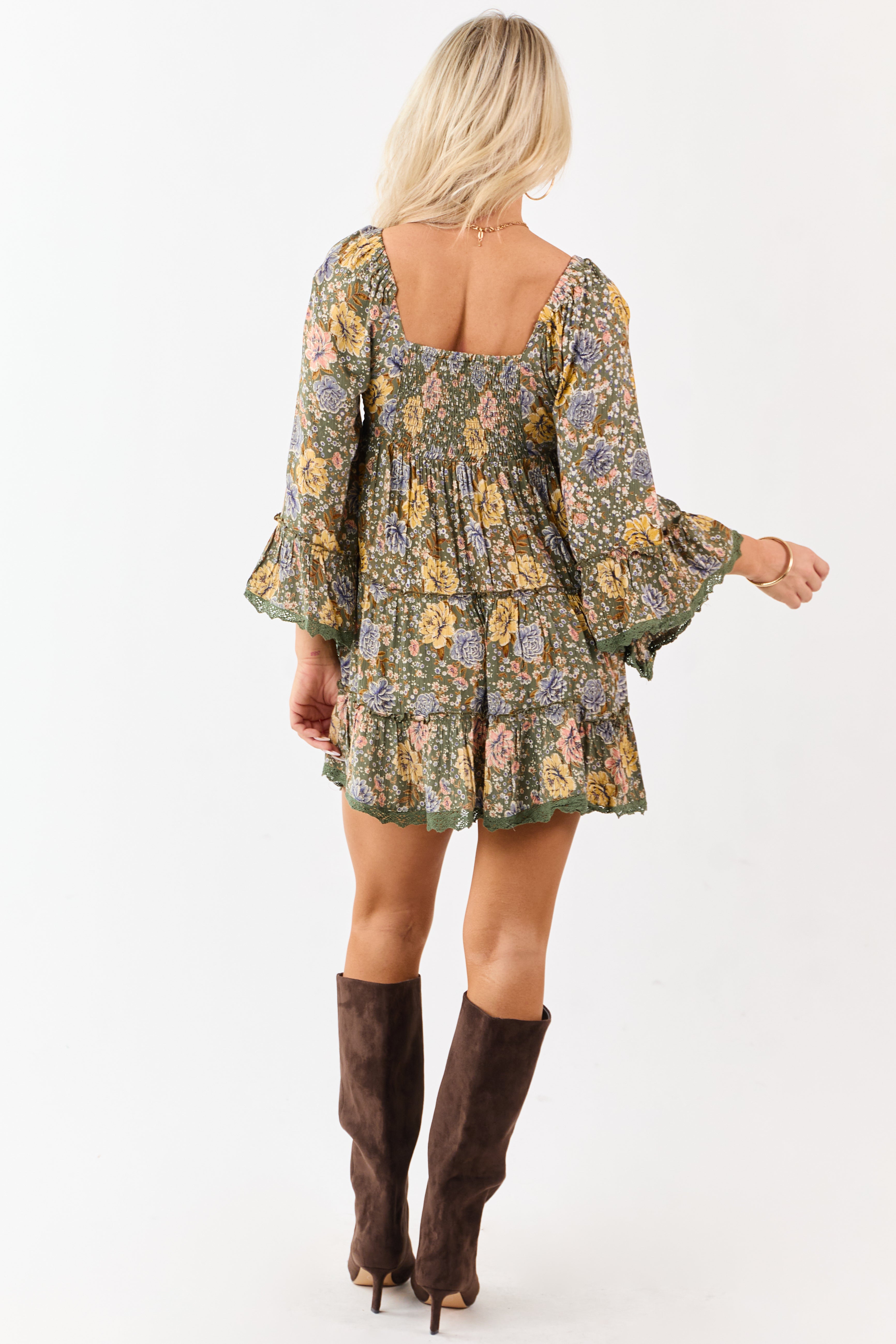 Olive Floral Print Bell Sleeve Babydoll Mini Dress