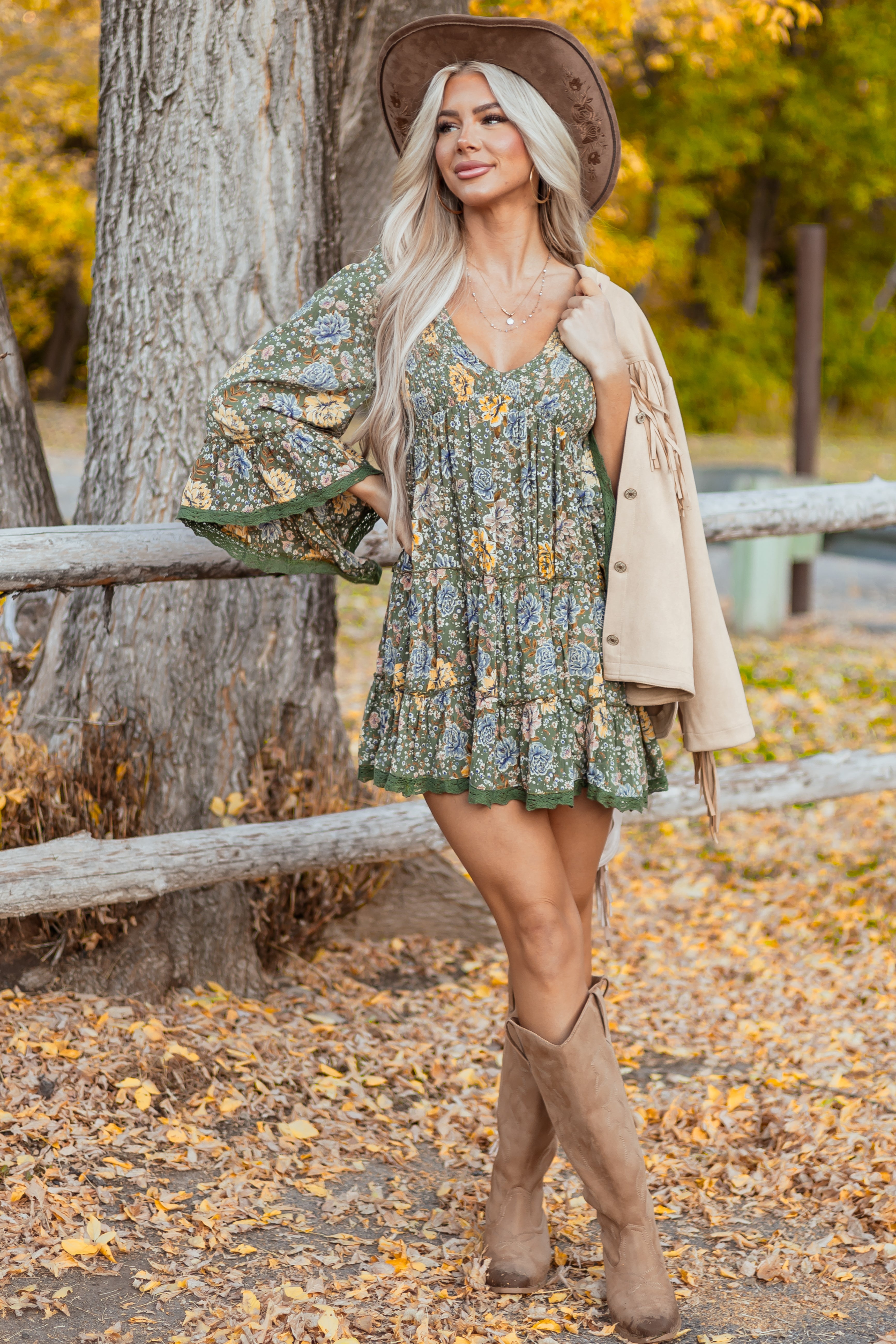 Olive Floral Print Bell Sleeve Babydoll Mini Dress