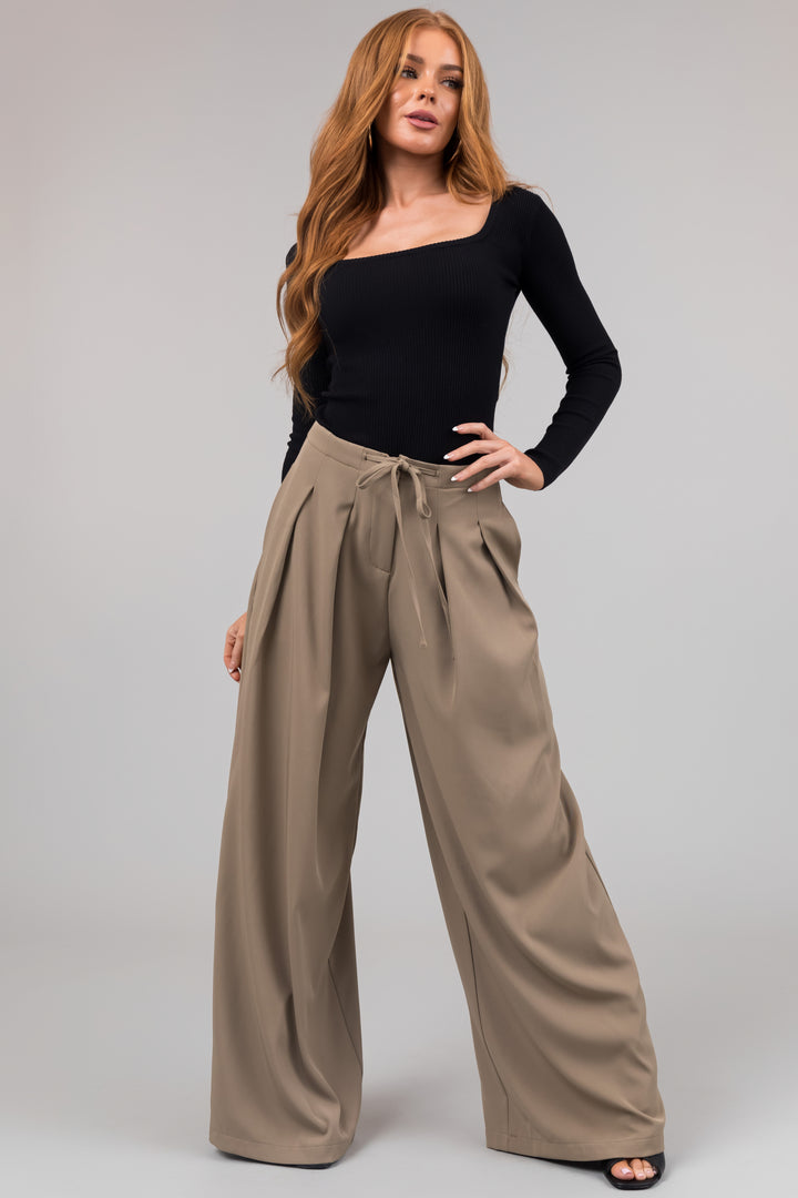 Olive Front Tie Pleated Wide Leg Pants