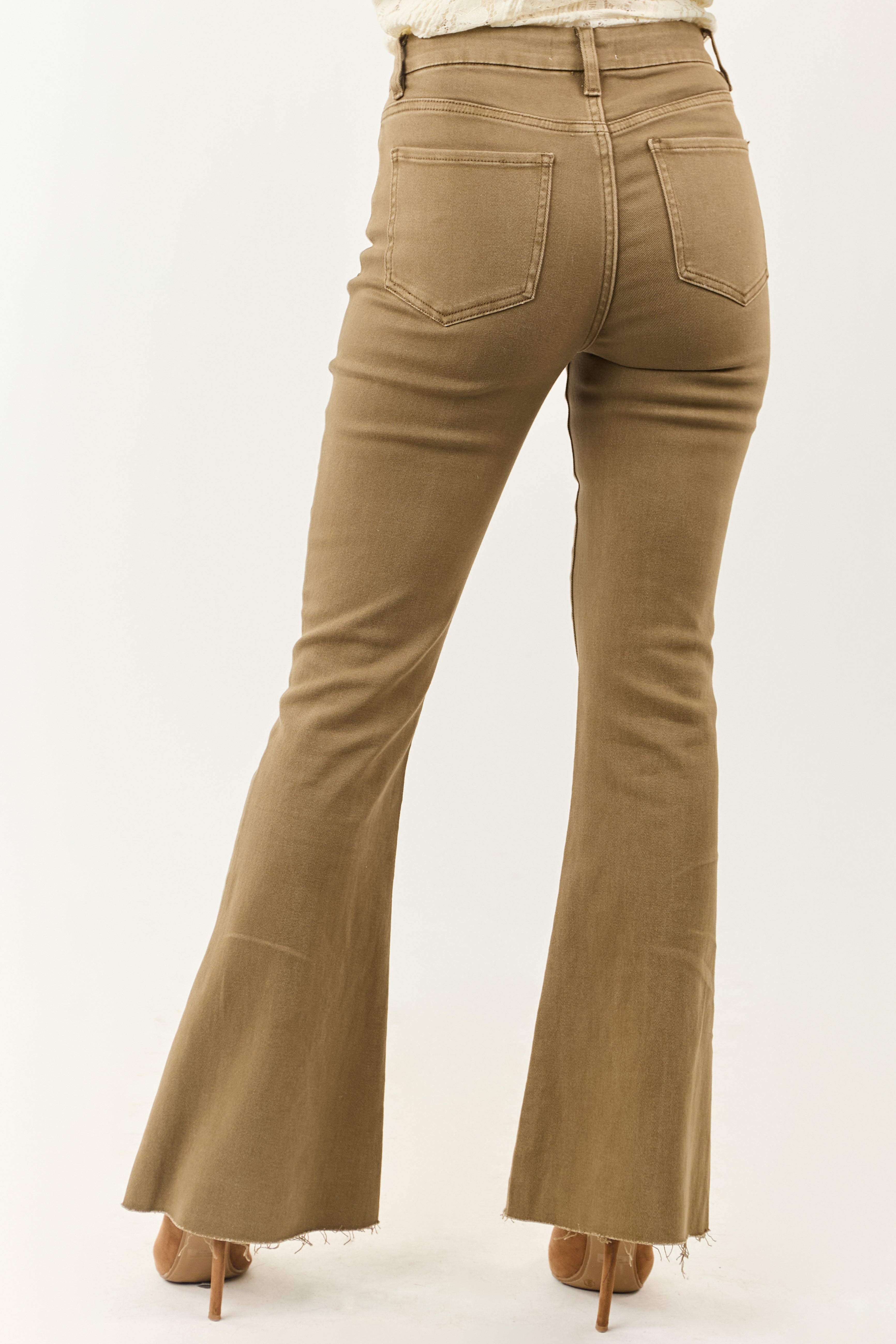 Olive High Rise Raw Hem Stretchy Flare Jeans