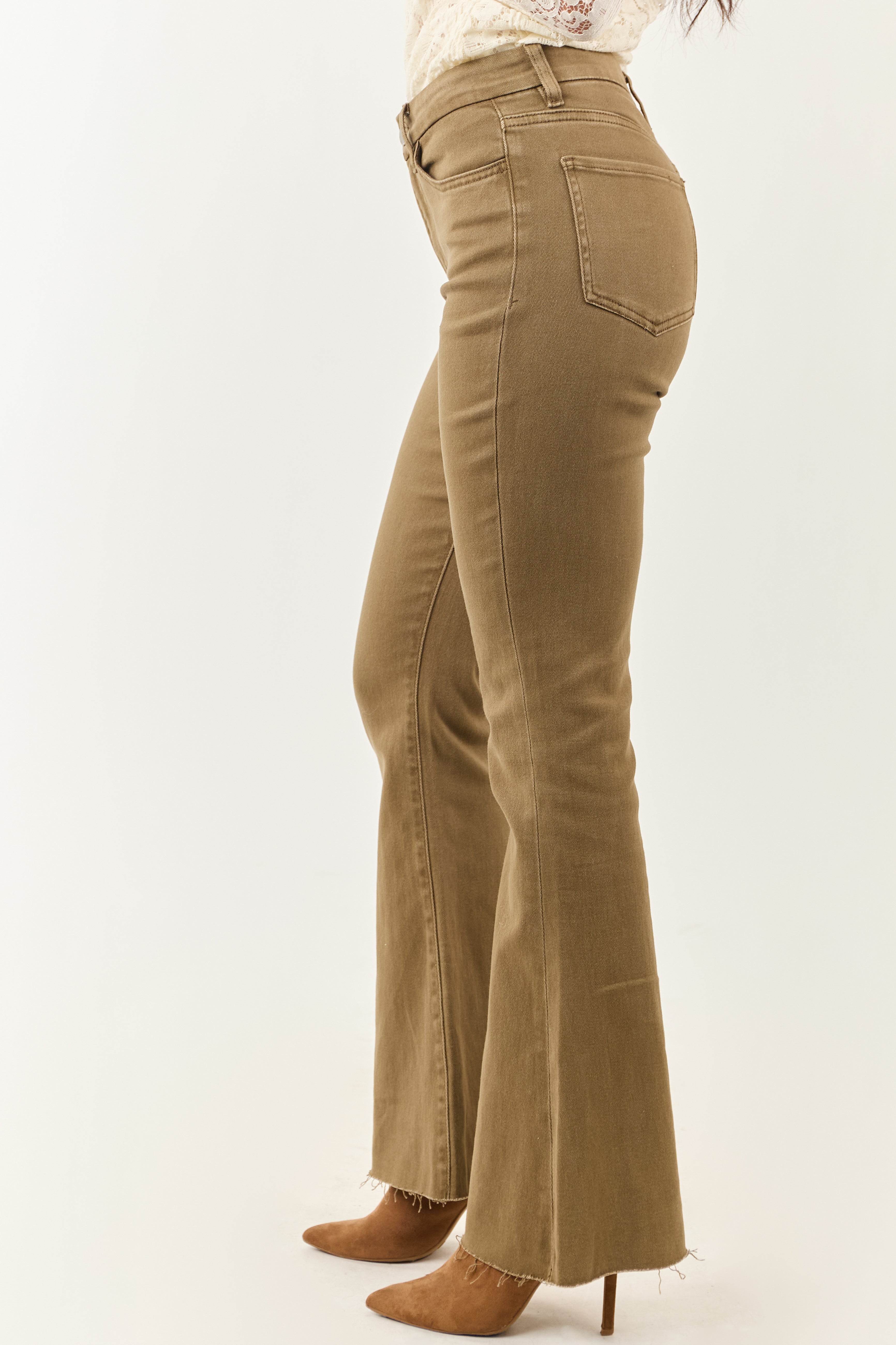Olive High Rise Raw Hem Stretchy Flare Jeans