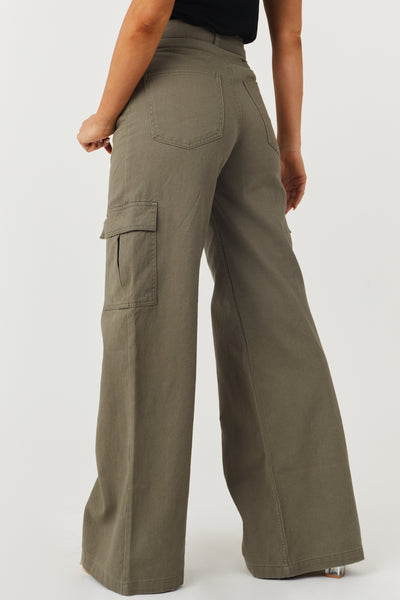 Olive High Rise Wide Leg Cargo Jeans with Pockets