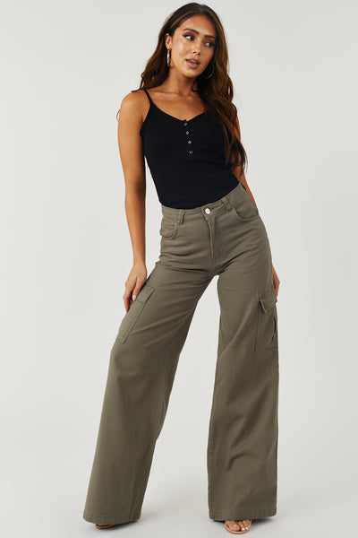 Olive High Rise Wide Leg Cargo Jeans with Pockets