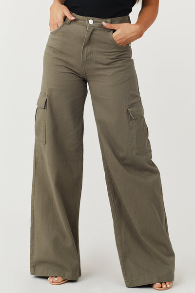 Olive High Rise Wide Leg Cargo Jeans with Pockets