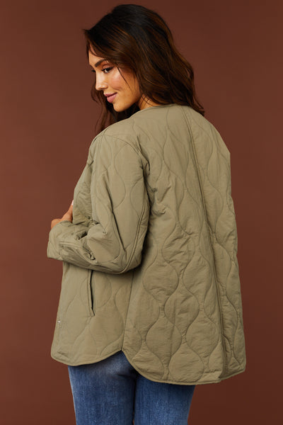Olive Long Sleeve Button Down Quilted Jacket