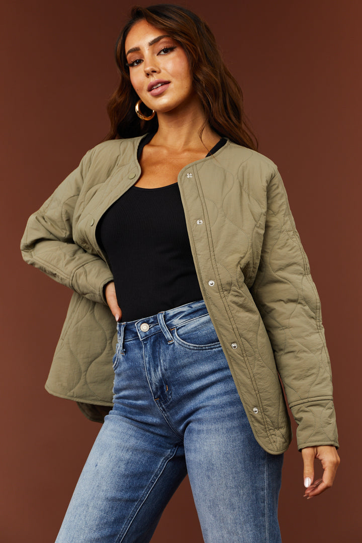 Olive Long Sleeve Button Down Quilted Jacket
