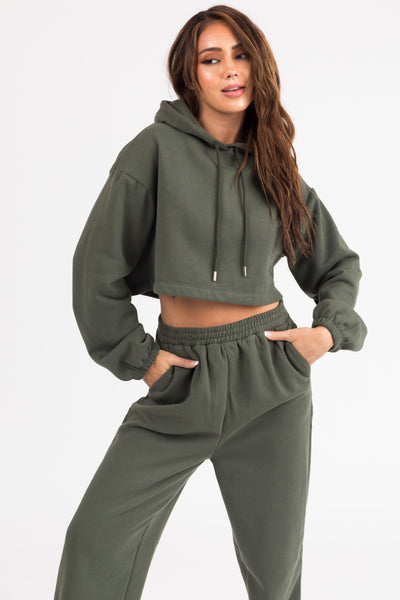 Olive Long Sleeve Crop Top and Jogger Set