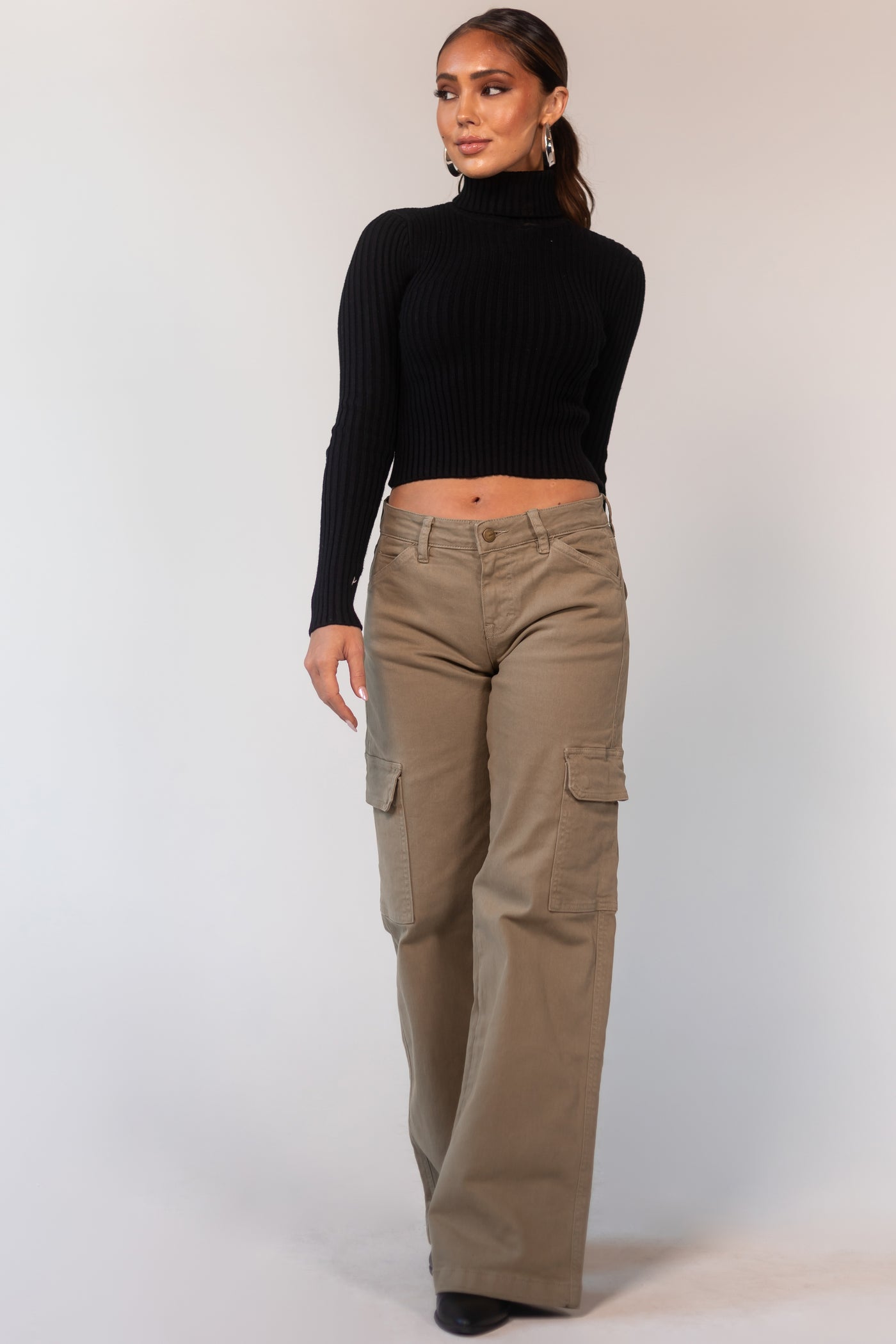 Olive Mid Rise Wide Leg Cargo Jeans