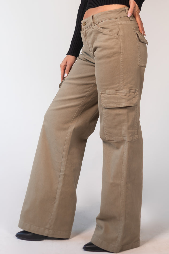 Olive Mid Rise Wide Leg Cargo Jeans