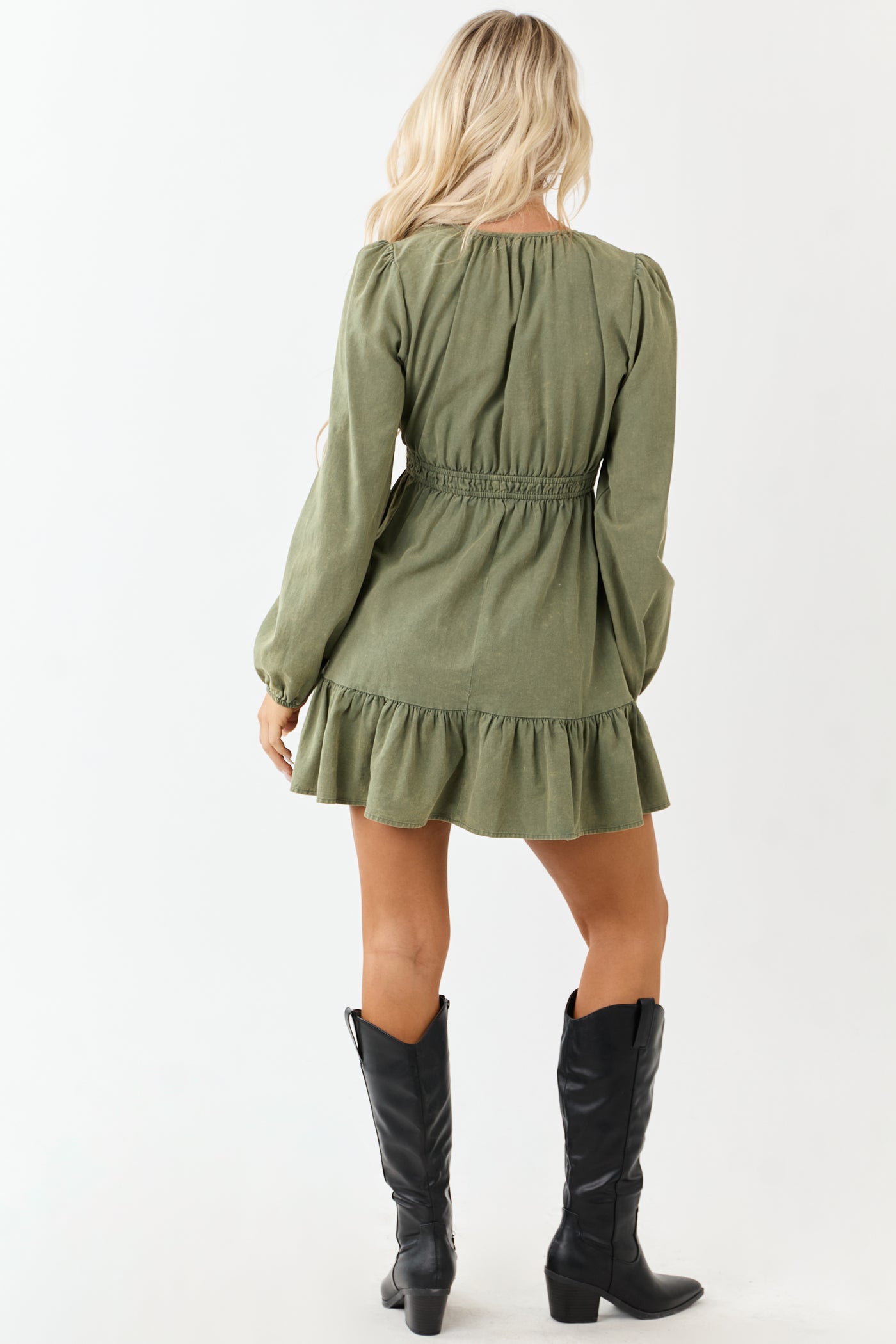 Olive Mineral Wash Denim Long Sleeve Mini Dress