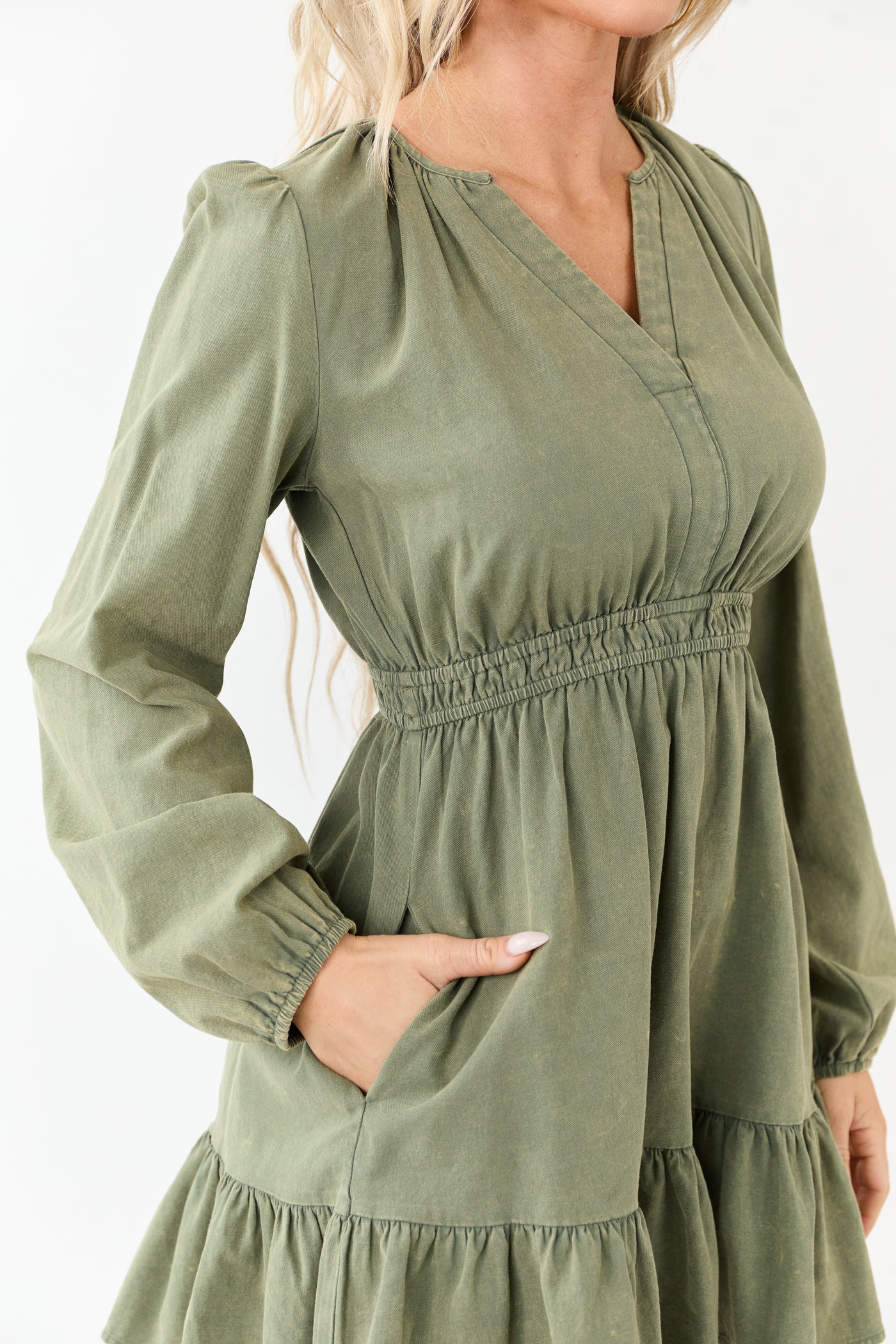 Olive Mineral Wash Denim Long Sleeve Mini Dress
