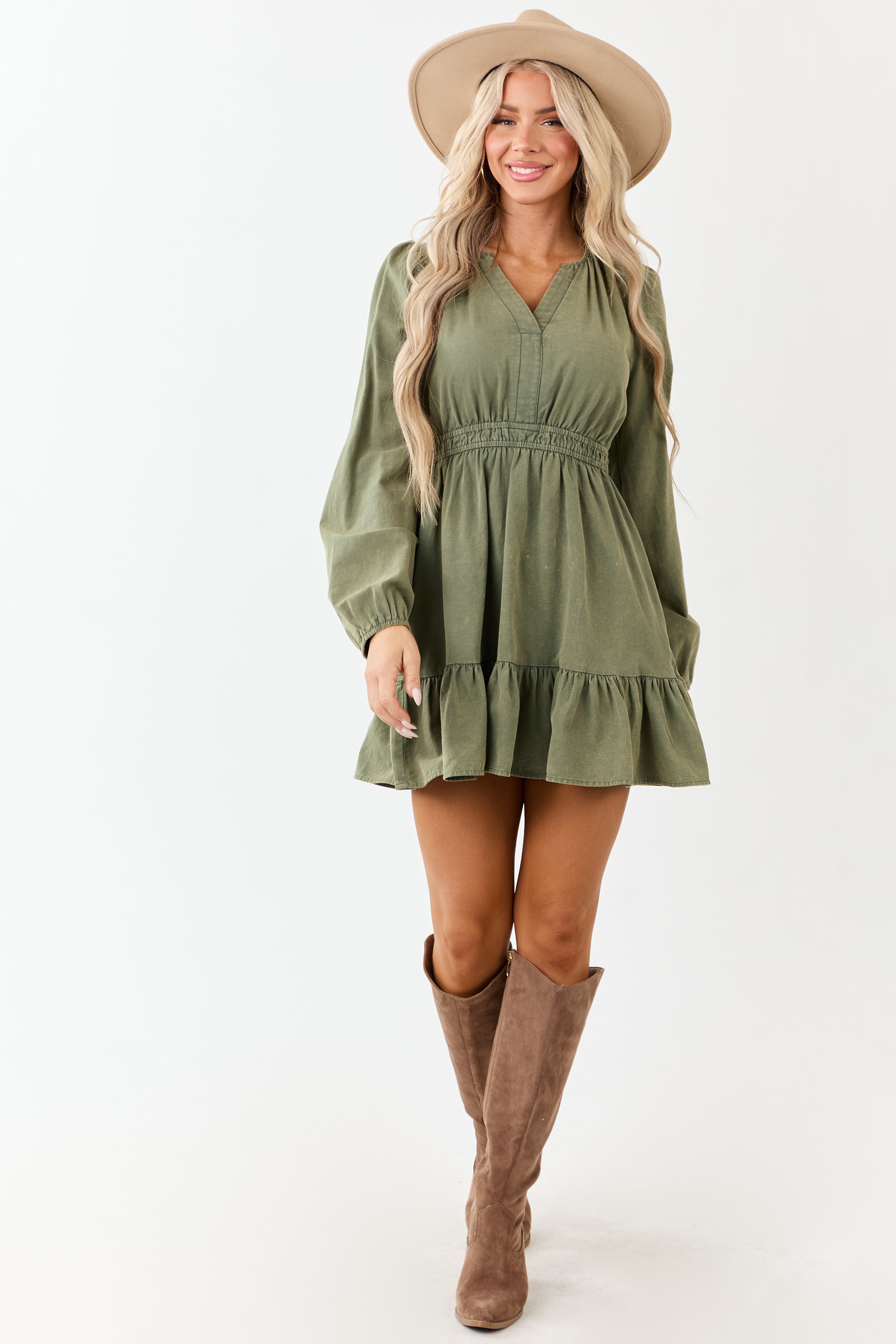 Olive Mineral Wash Denim Long Sleeve Mini Dress