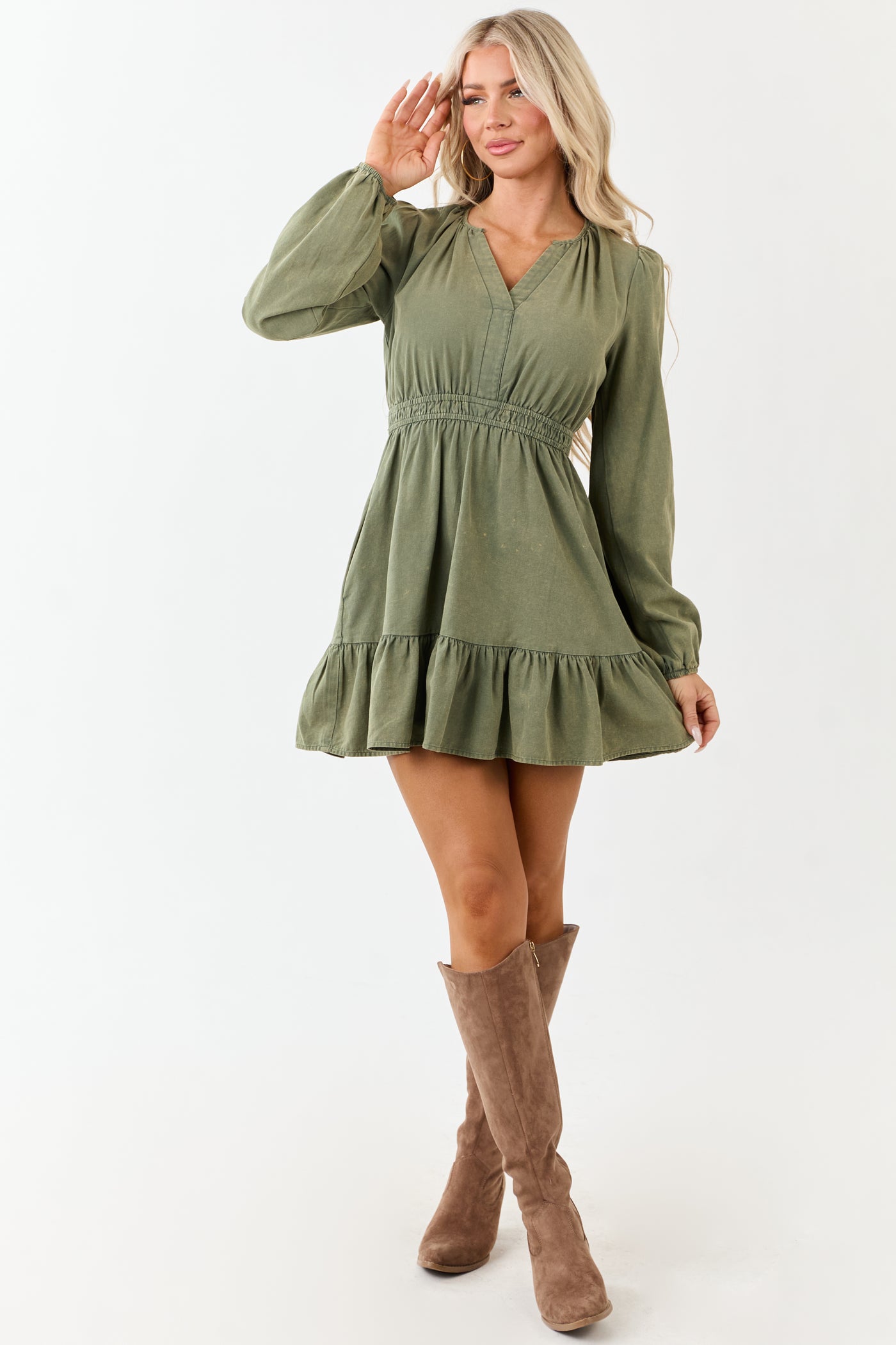 Olive Mineral Wash Denim Long Sleeve Mini Dress