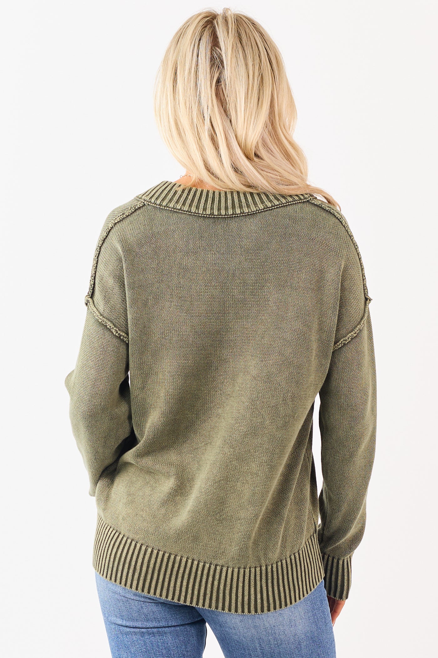 Olive Mineral Washed Cotton Knit V-Neck Sweater