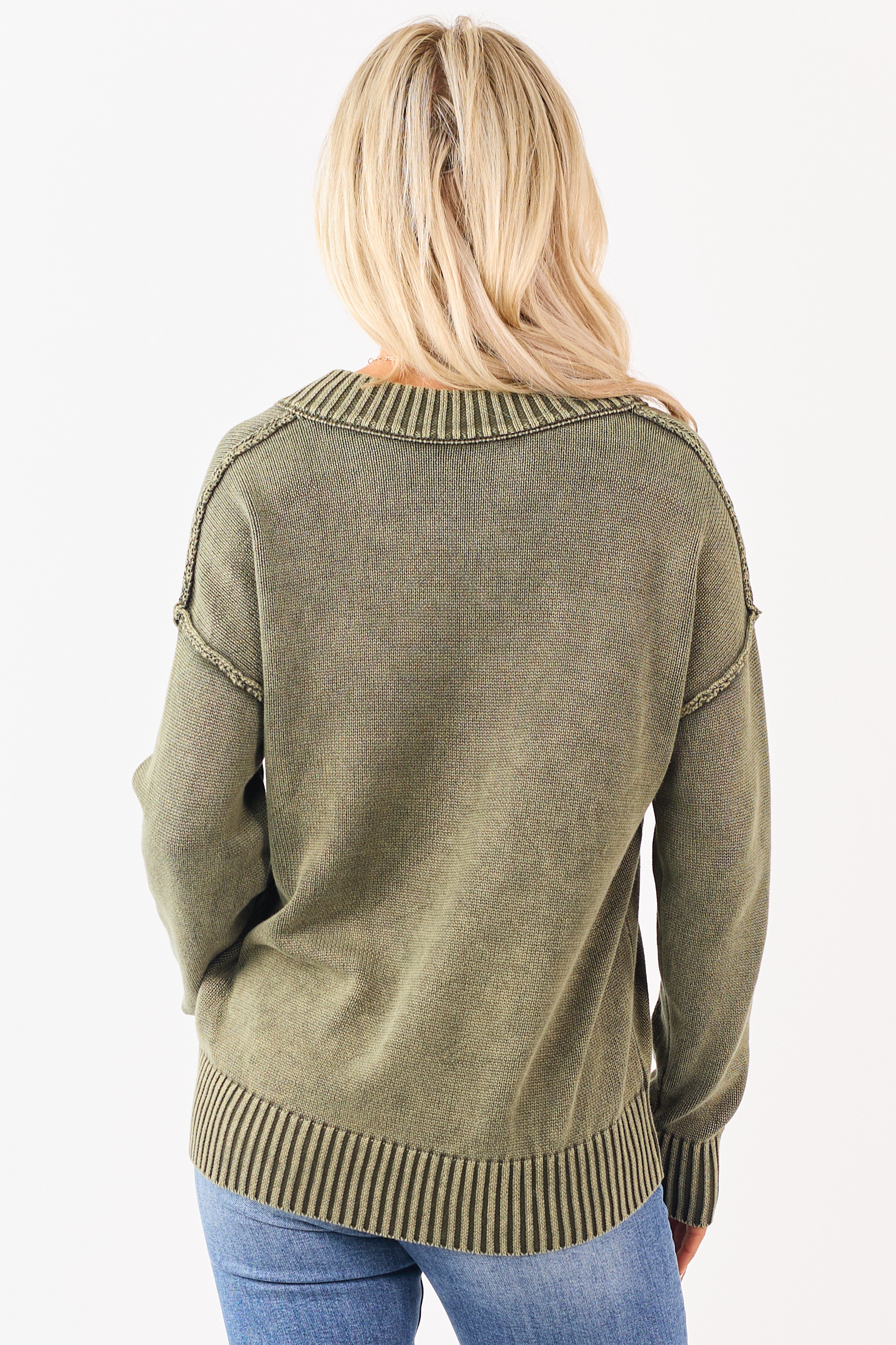 Olive Mineral Washed Cotton Knit V-Neck Sweater