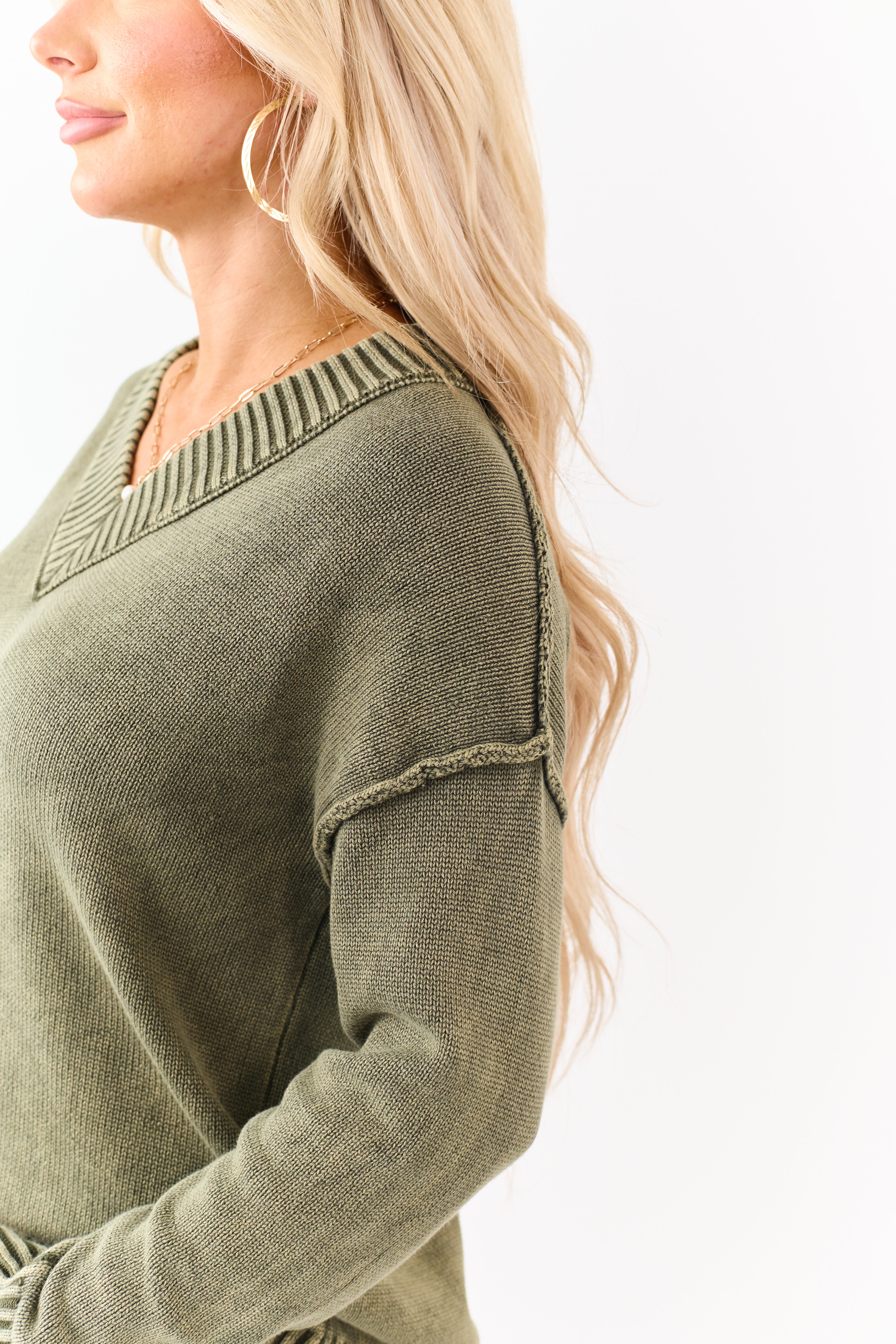 Olive Mineral Washed Cotton Knit V-Neck Sweater
