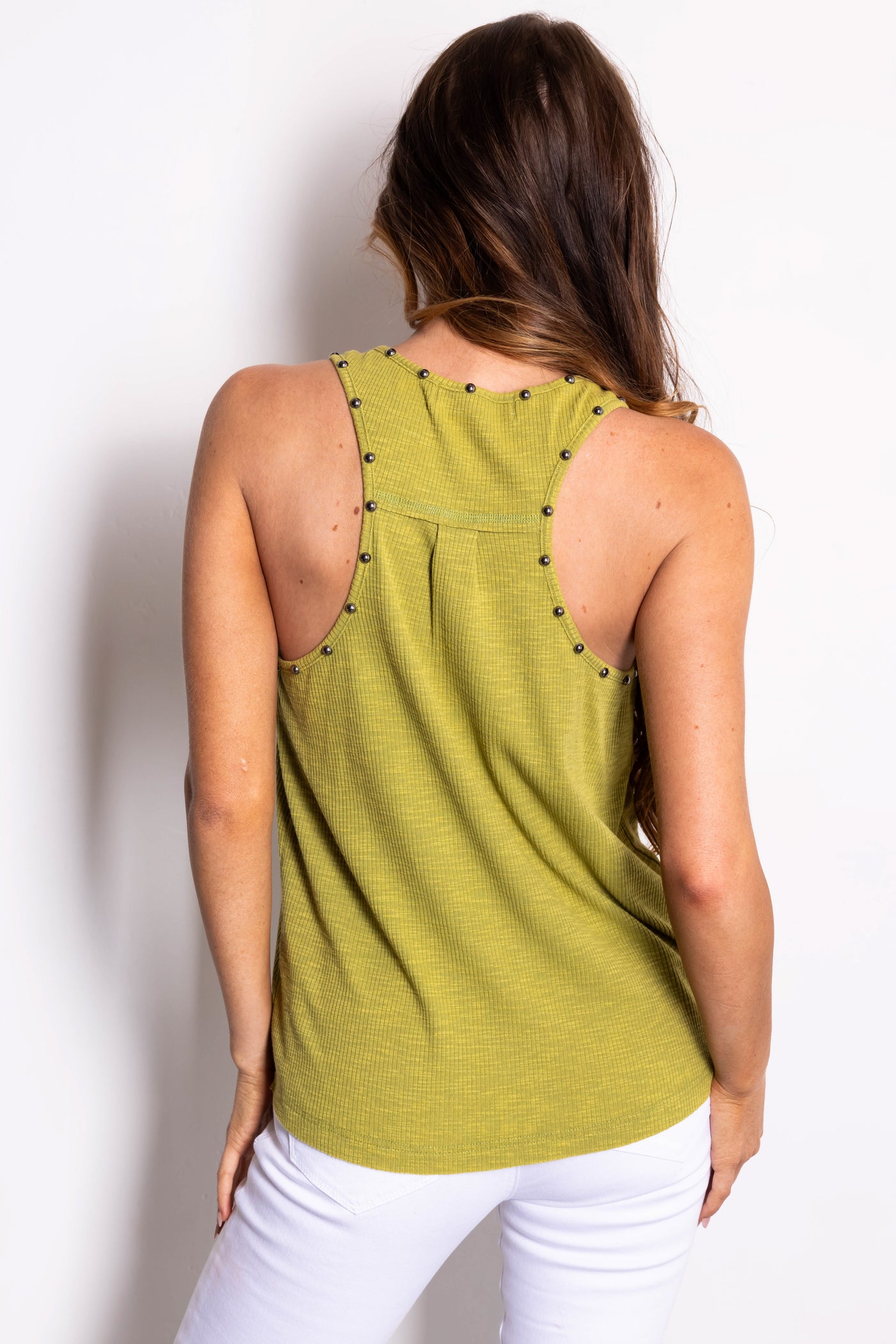 Olive Mineral Washed Studded Detail Tank Top