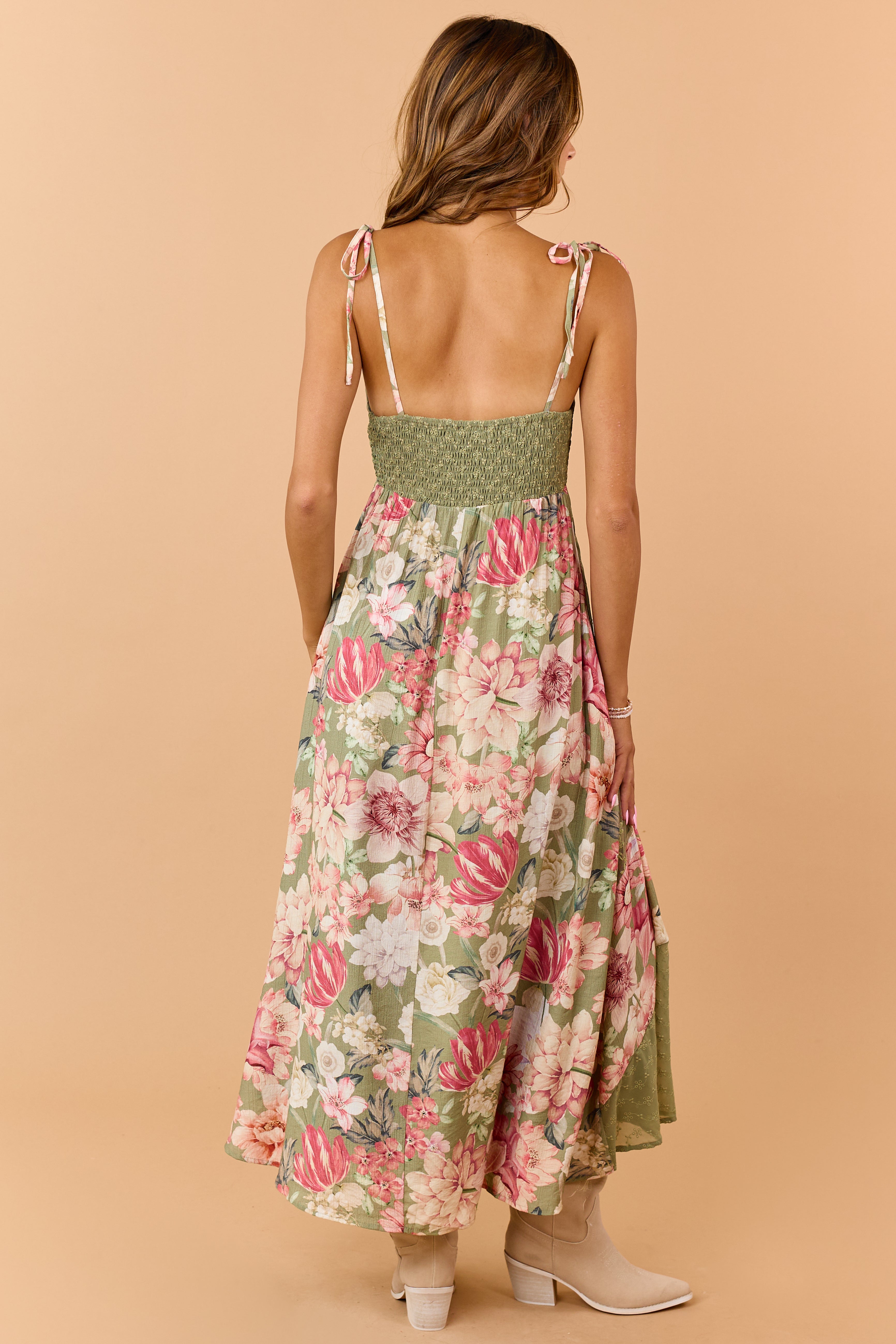 Olive Mixed Print Lace Babydoll Maxi Dress