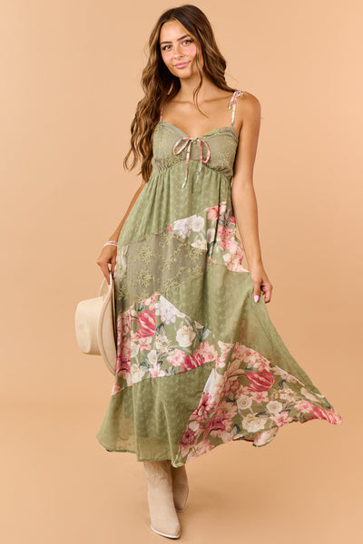 Olive Mixed Print Lace Babydoll Maxi Dress