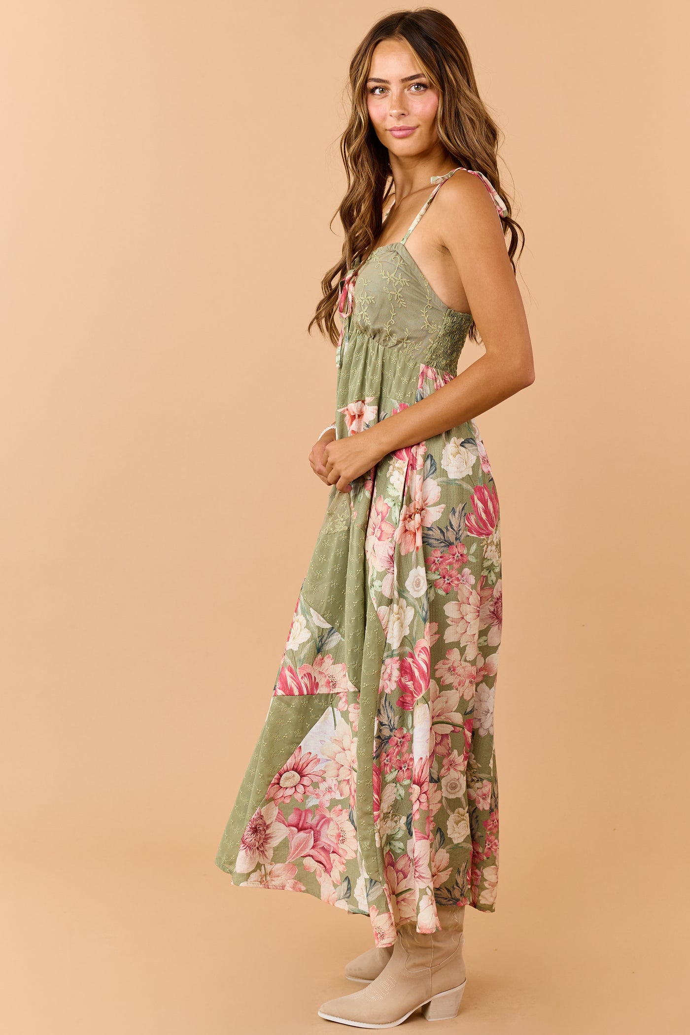 Olive Mixed Print Lace Babydoll Maxi Dress