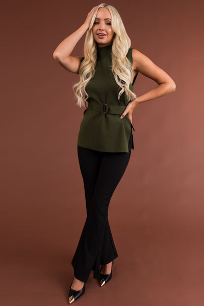 Olive Mock Neck Belted Ribbed Knit Top