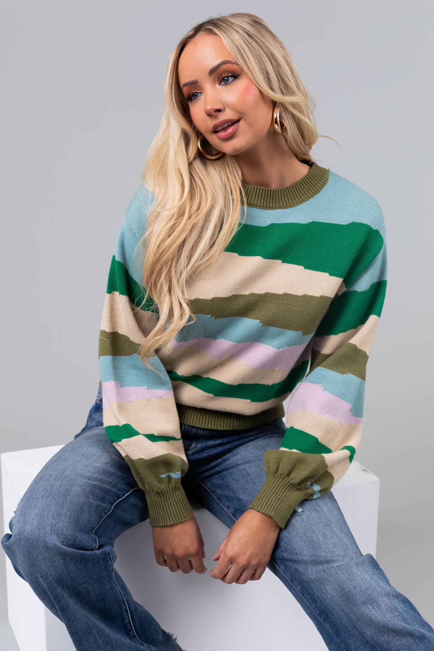 Olive Multicolor Printed Balloon Sleeve Sweater