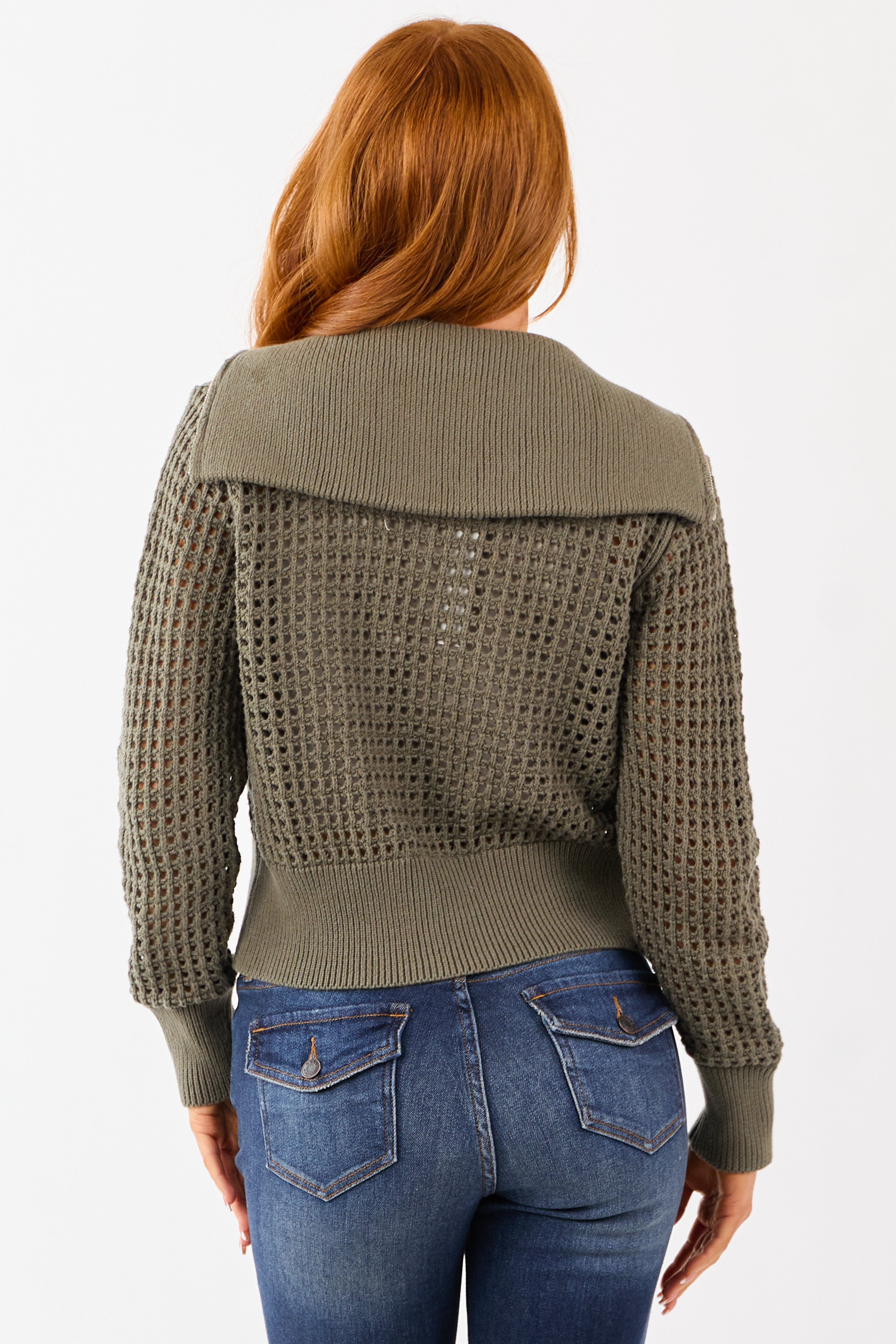 Olive Open Knit Zip Up Cotton Jacket