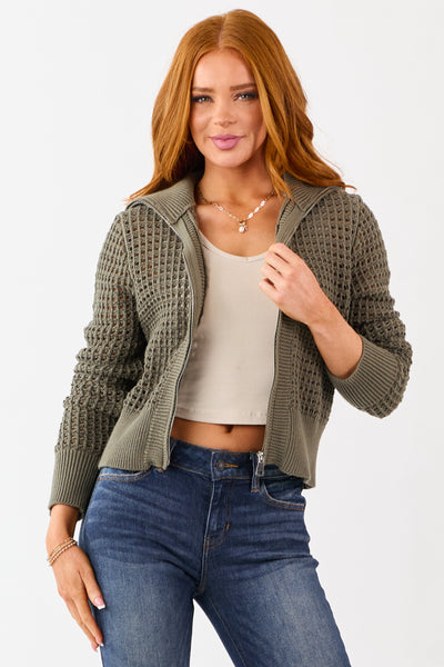 Olive-Open-Knit-Zip-Up-Jacket-