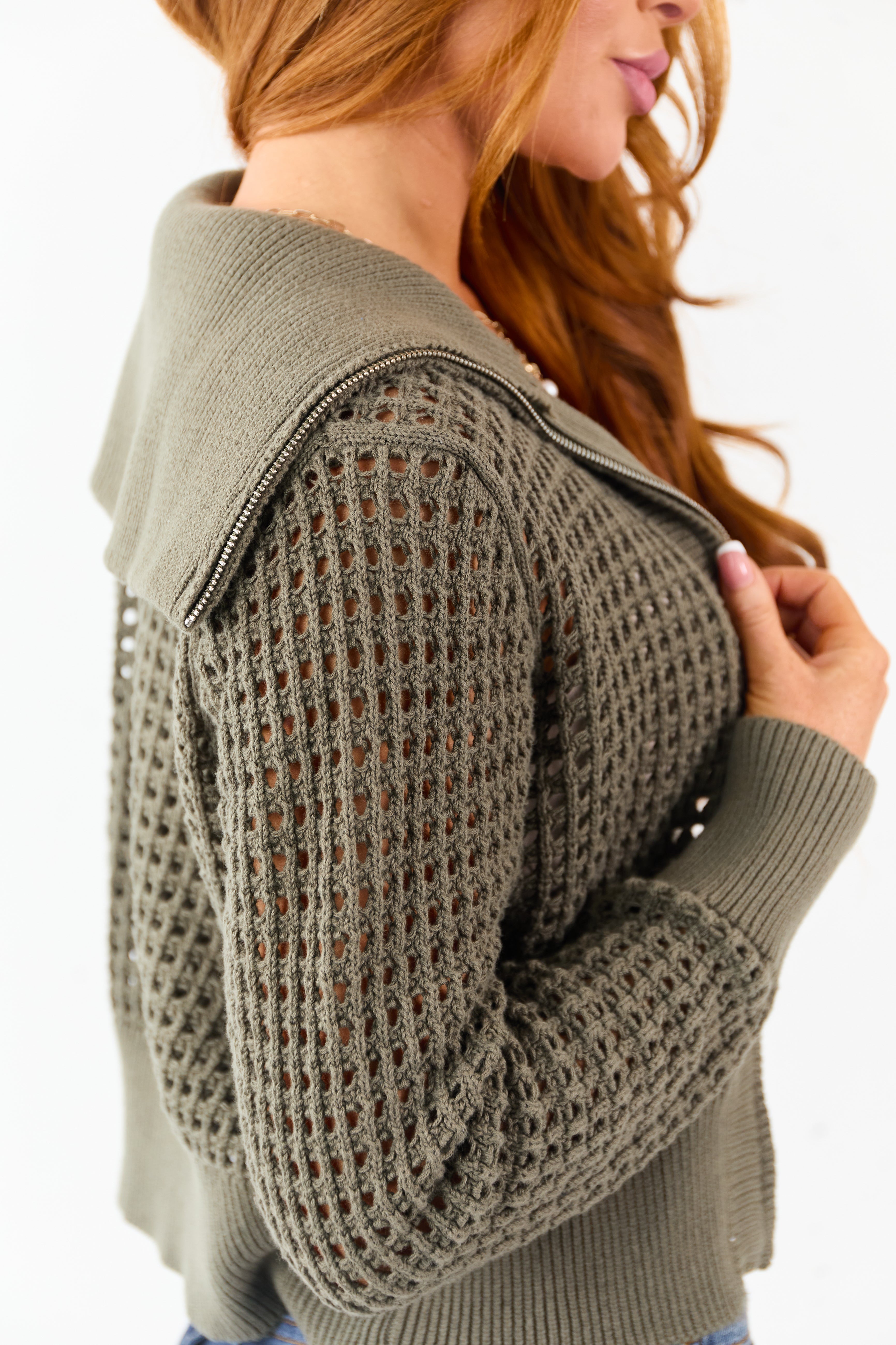 Olive Open Knit Zip Up Cotton Jacket