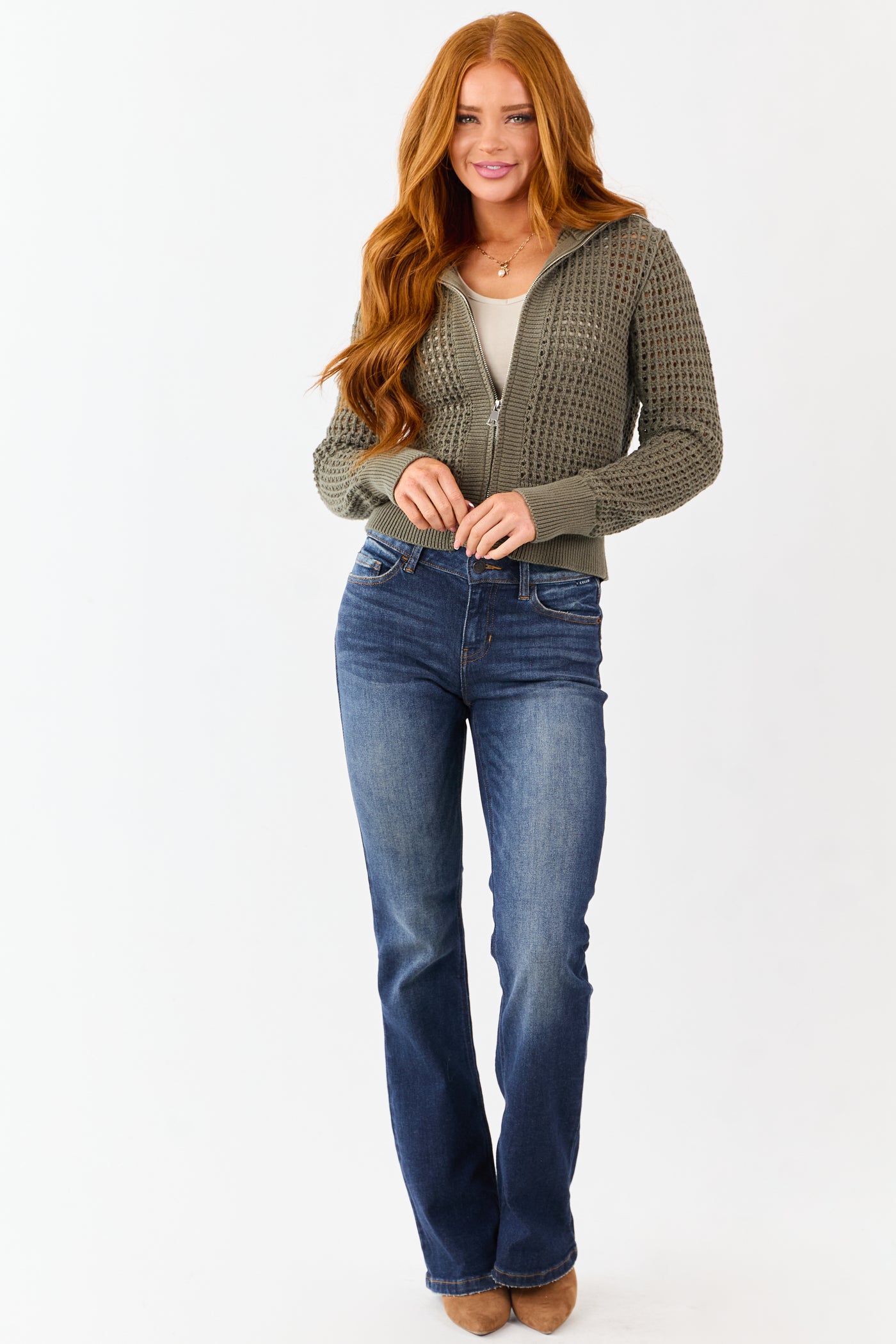 Olive Open Knit Zip Up Cotton Jacket