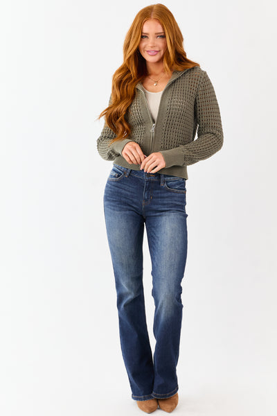 Olive Open Knit Zip Up Cotton Jacket