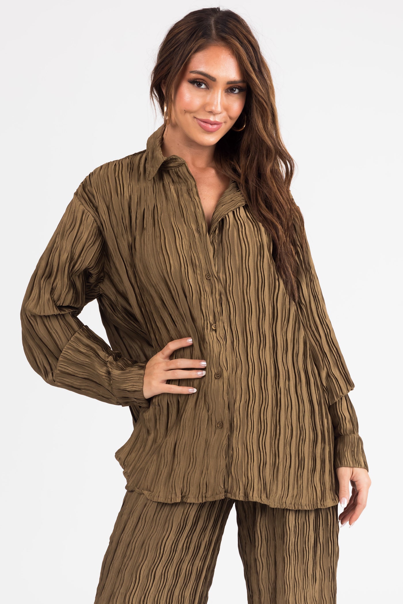 Olive Plisse Flowy Long Sleeve Button Down