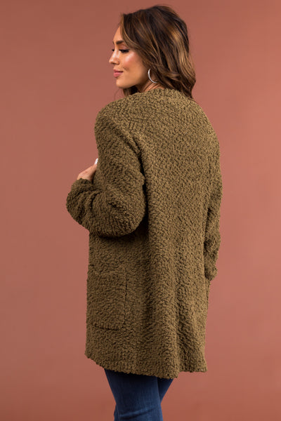 Olive Popcorn Knit Open Front Cardigan