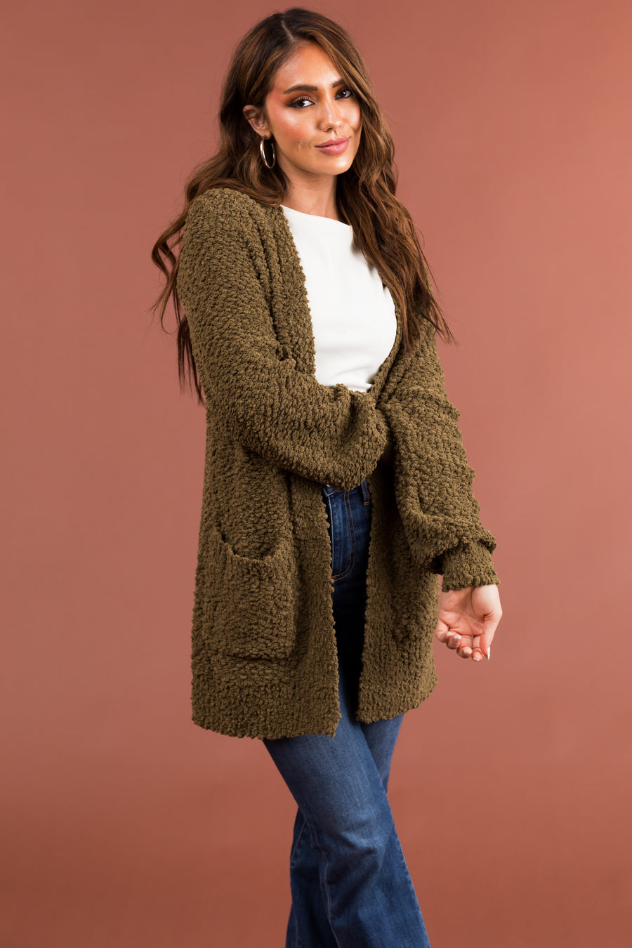 Olive Popcorn Knit Open Front Cardigan