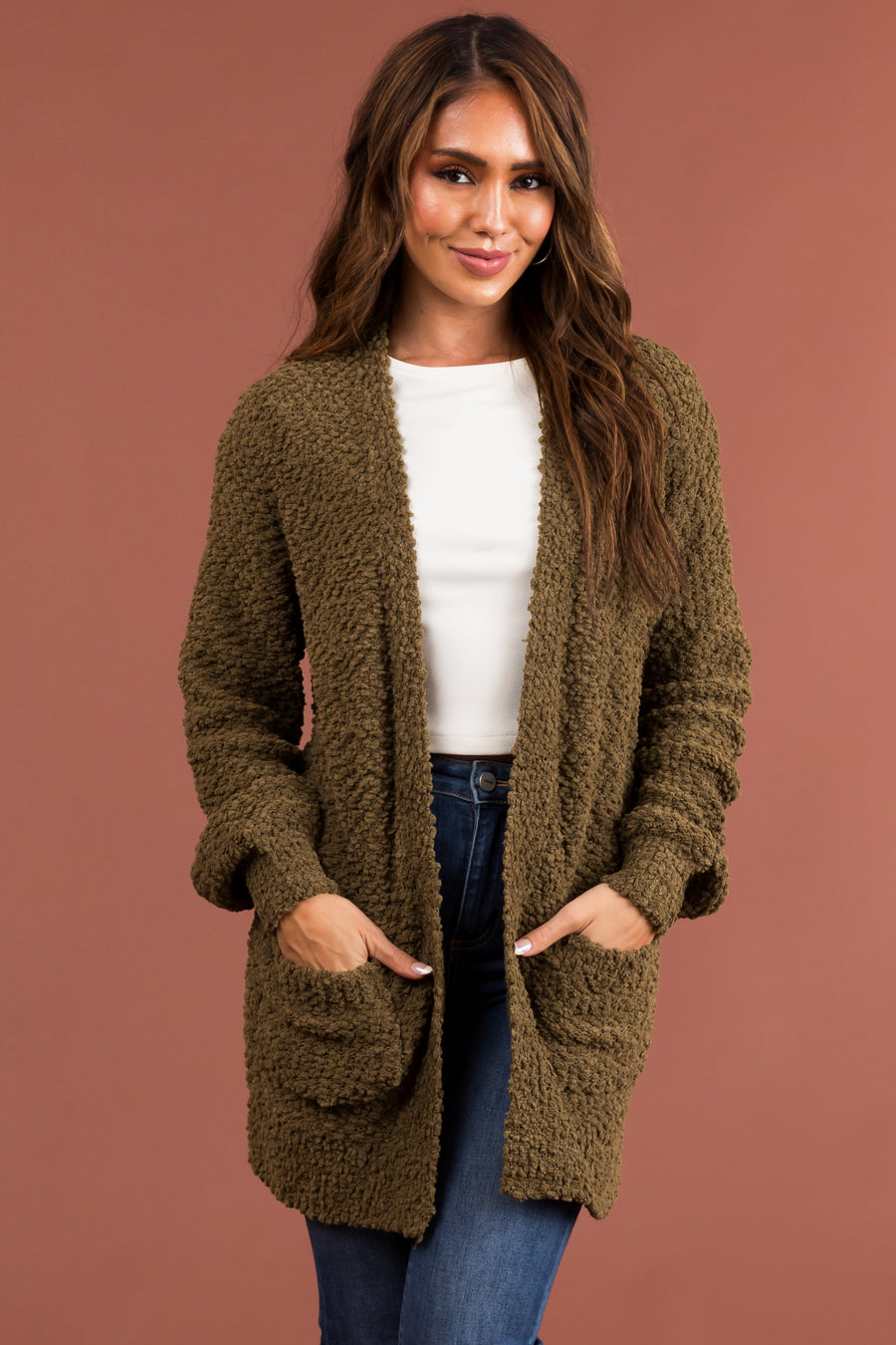 Olive Popcorn Knit Open Front Cardigan