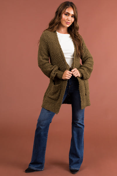 Olive Popcorn Knit Open Front Cardigan