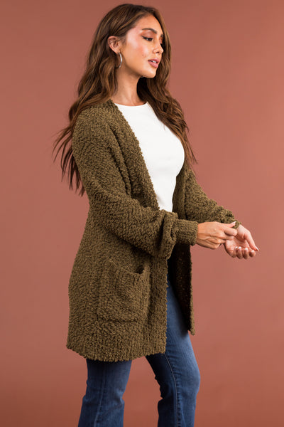 Olive Popcorn Knit Open Front Cardigan