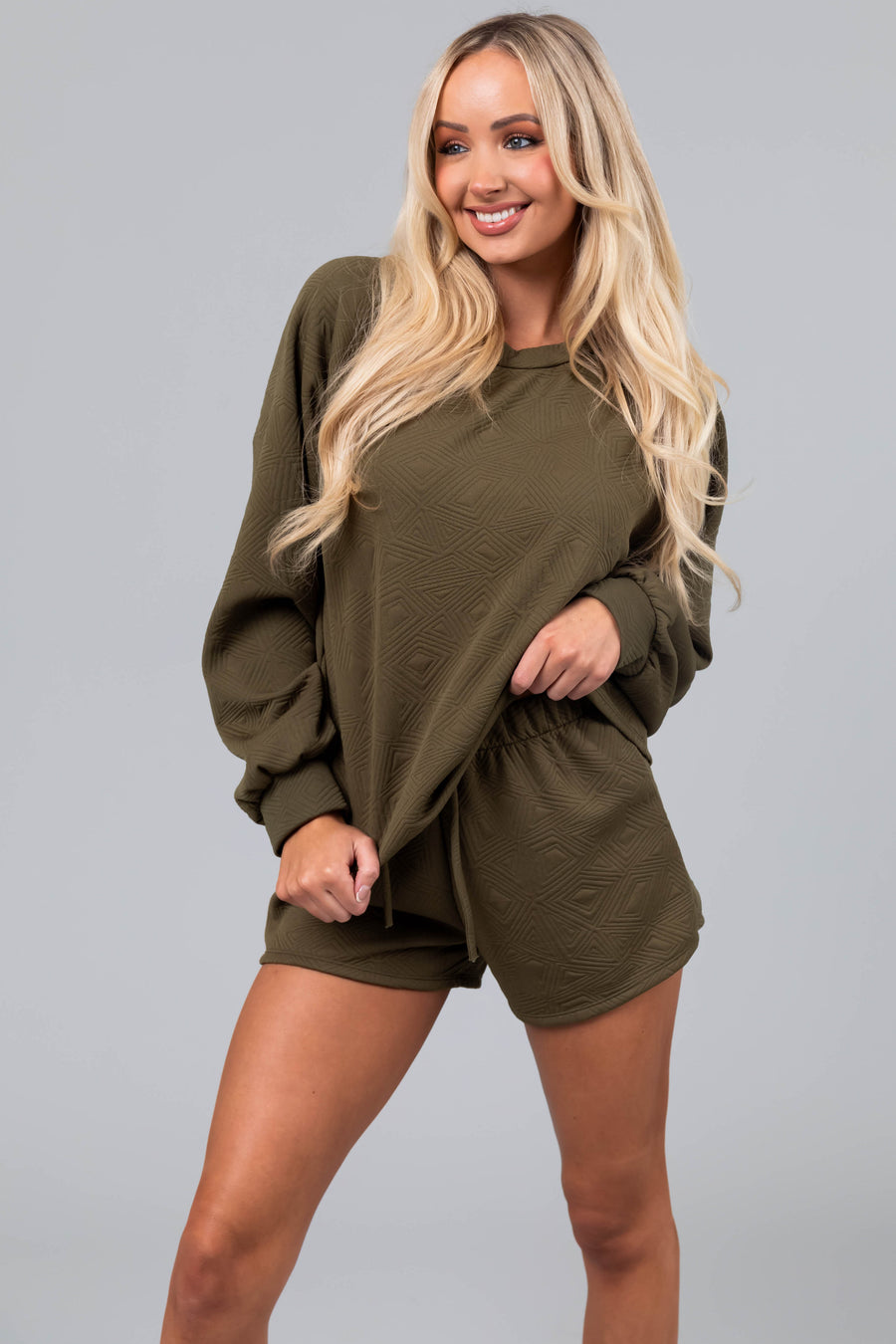 Olive Quilted Detail Long Sleeve Knit Top