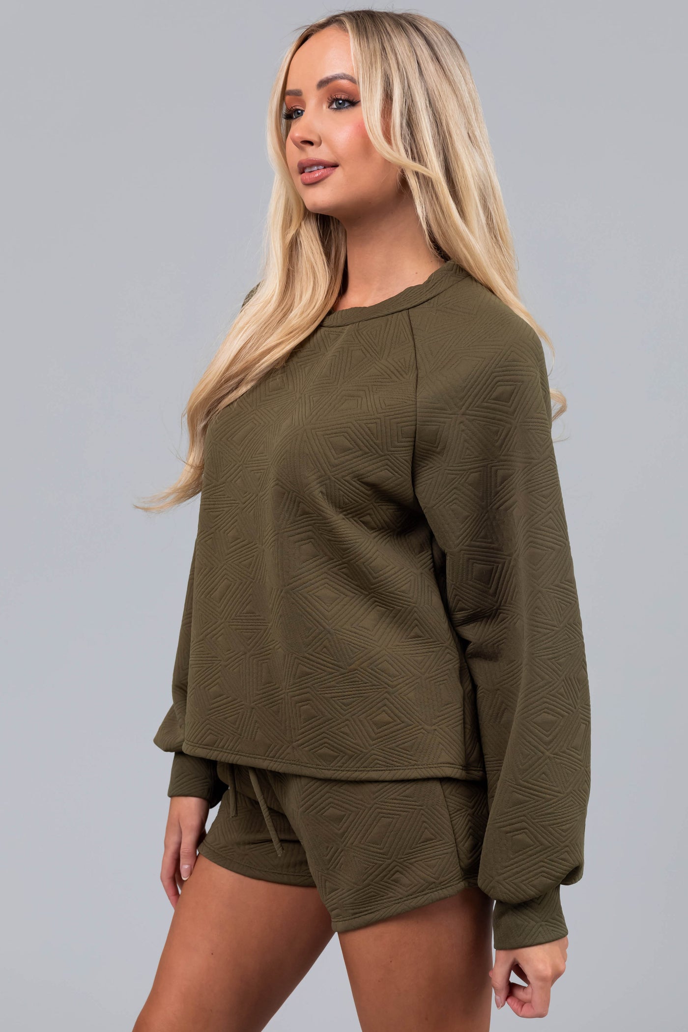 Olive Quilted Detail Long Sleeve Knit Top