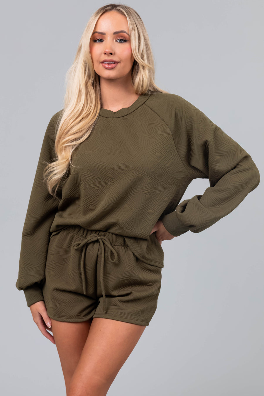 Olive Quilted Detail Loose Soft Knit Shorts