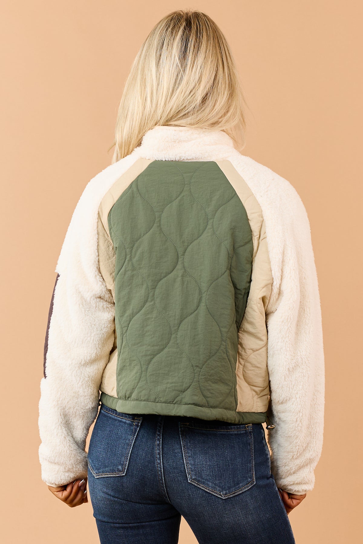 Olive Quilted Faux Sherpa Contrast Zip Up Jacket