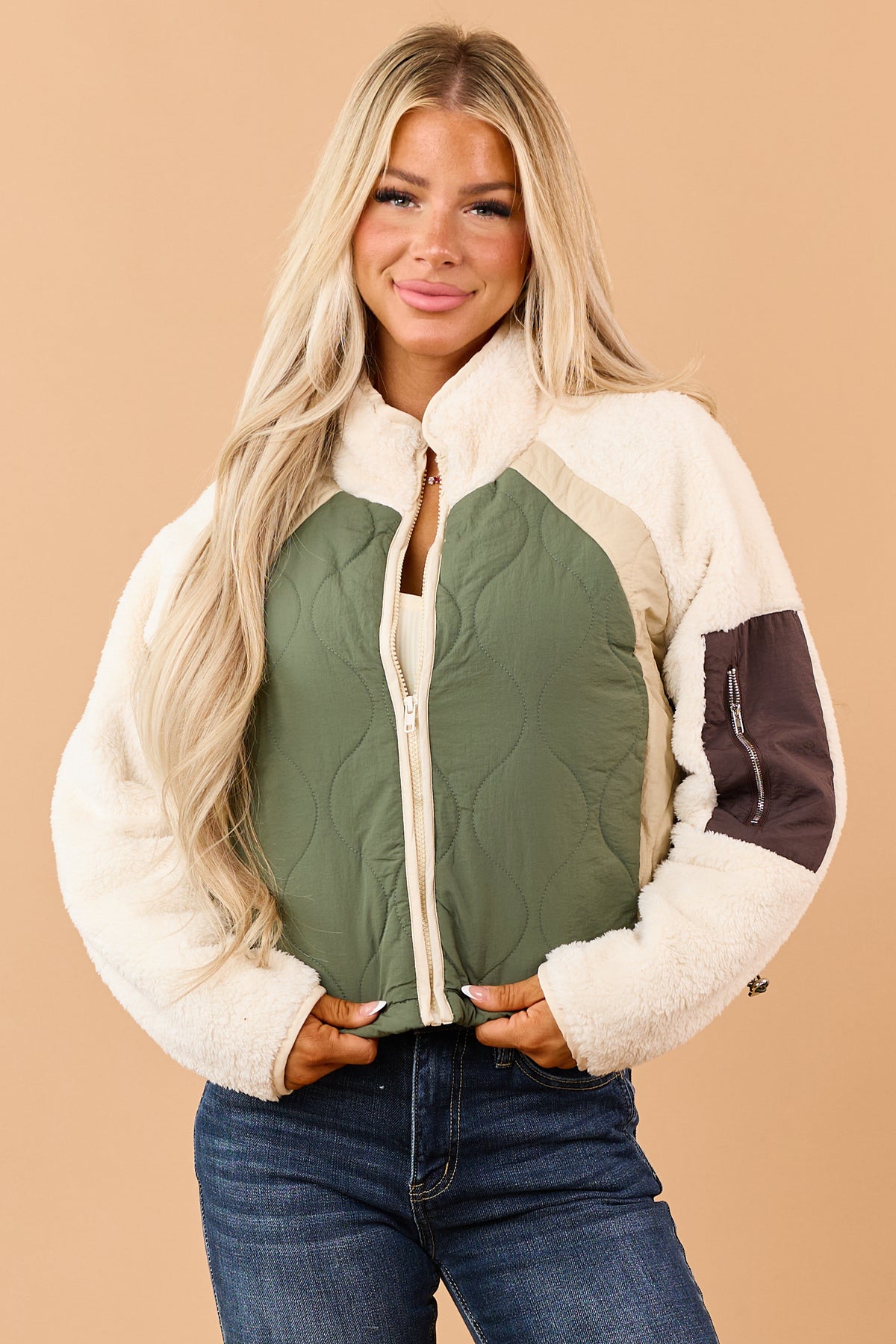 Olive Quilted Faux Sherpa Contrast Zip Up Jacket