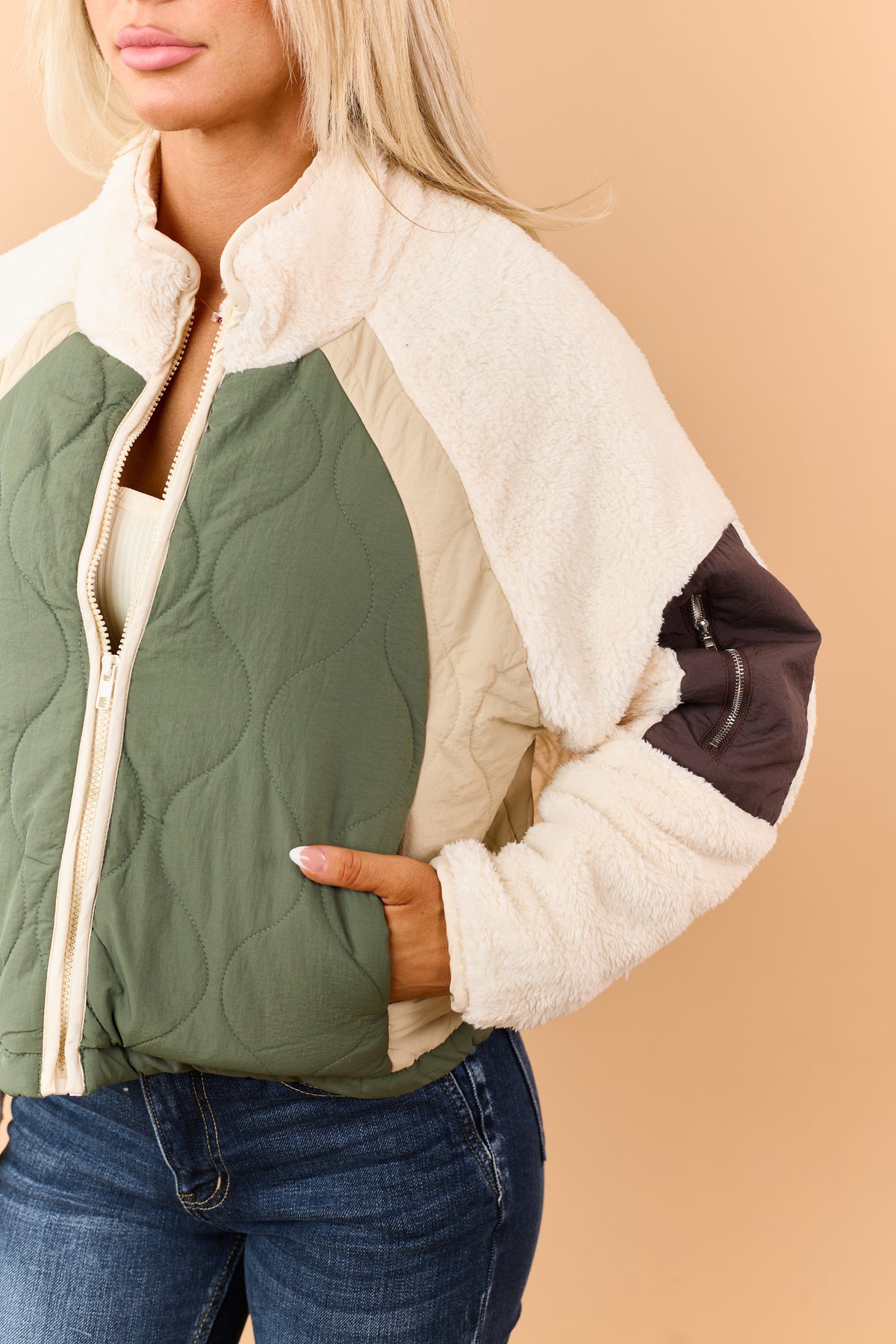 Olive Quilted Faux Sherpa Contrast Zip Up Jacket